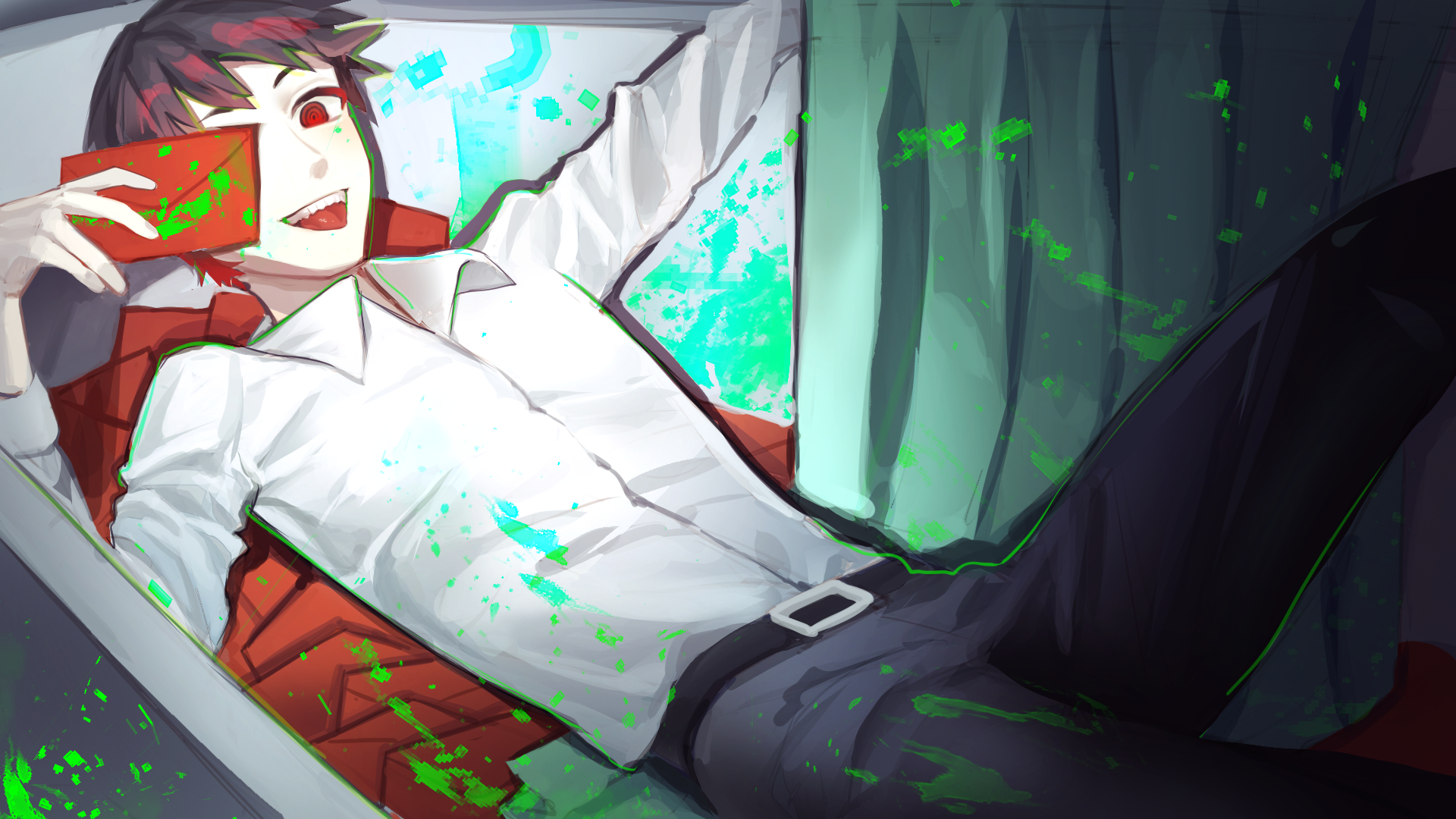 ooe (game), highres, 1boy, belt, black belt, black hair, black pants, blood, coffin, collared shirt, curtains, dot busou2, holding, long sleeves, looking at viewer, lying, male focus, mole, multicolored hair, on back, open mouth, paint splatter, pants, phone, red eyes, red hair, shiodome (ooe), shirt, short hair, smile, solo, tongue, tongue out, white shirt