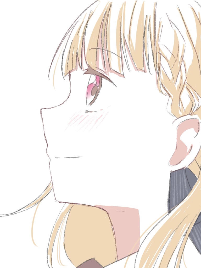 tikuwa l, kachimachi kosuzu, link! like! love live!, love live!, commentary request, 1girl, black ribbon, blush, braid, brown hair, center-flap bangs, closed mouth, hair ribbon, looking up, portrait, profile, ribbon, side braids, sideways mouth, simple background, smile, solo, split mouth, virtual youtuber, white background