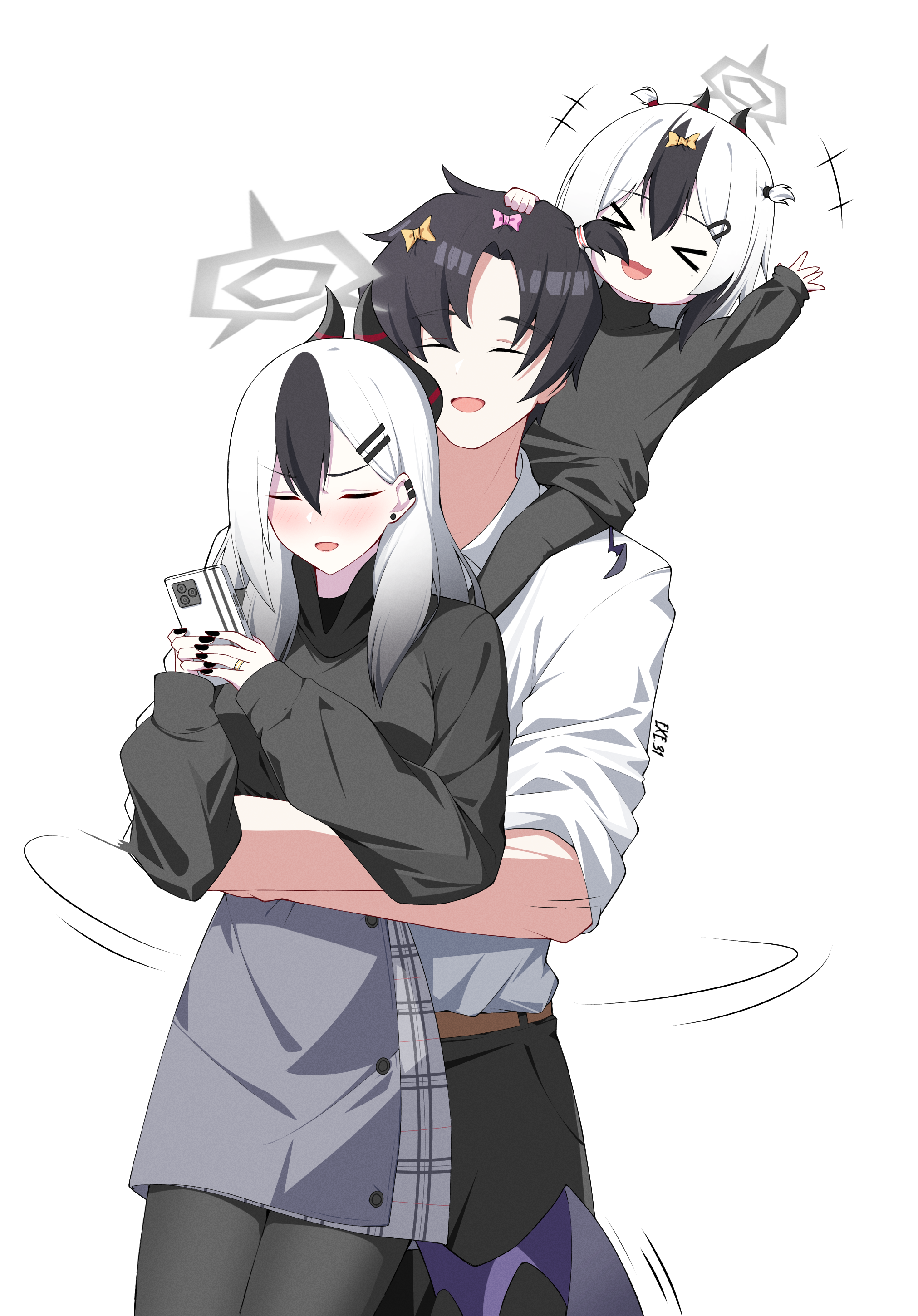 exe.31, kayoko (blue archive), sensei (blue archive), sensei (blue archive the animation), blue archive, blue archive the animation, original, absurdres, commentary request, highres, > <, 1boy, 2girls, :3, :d, ^ ^, alternate costume, alternate hairstyle, belt, black hair, black nails, black pants, black pantyhose, black shirt, blush, brown belt, business casual, carrying, carrying person, cellphone, closed eyes, cowboy shot, demon girl, demon horns, demon wings, ear piercing, family, father and daughter, grey halo, grey skirt, hair between eyes, hair down, halo, height difference, high-waist skirt, holding, holding phone, horns, hug, hug from behind, husband and wife, indonesian commentary, long hair, long sleeves, mother and daughter, multicolored hair, multiple girls, nail polish, open mouth, pants, pantyhose, phone, piercing, piggyback, plaid clothes, plaid skirt, shirt, sidelocks, simple background, single wing, size difference, skirt, smartphone, smile, standing, sweater, turtleneck, turtleneck sweater, two-tone hair, two side up, white background, white hair, white shirt, wings, xd