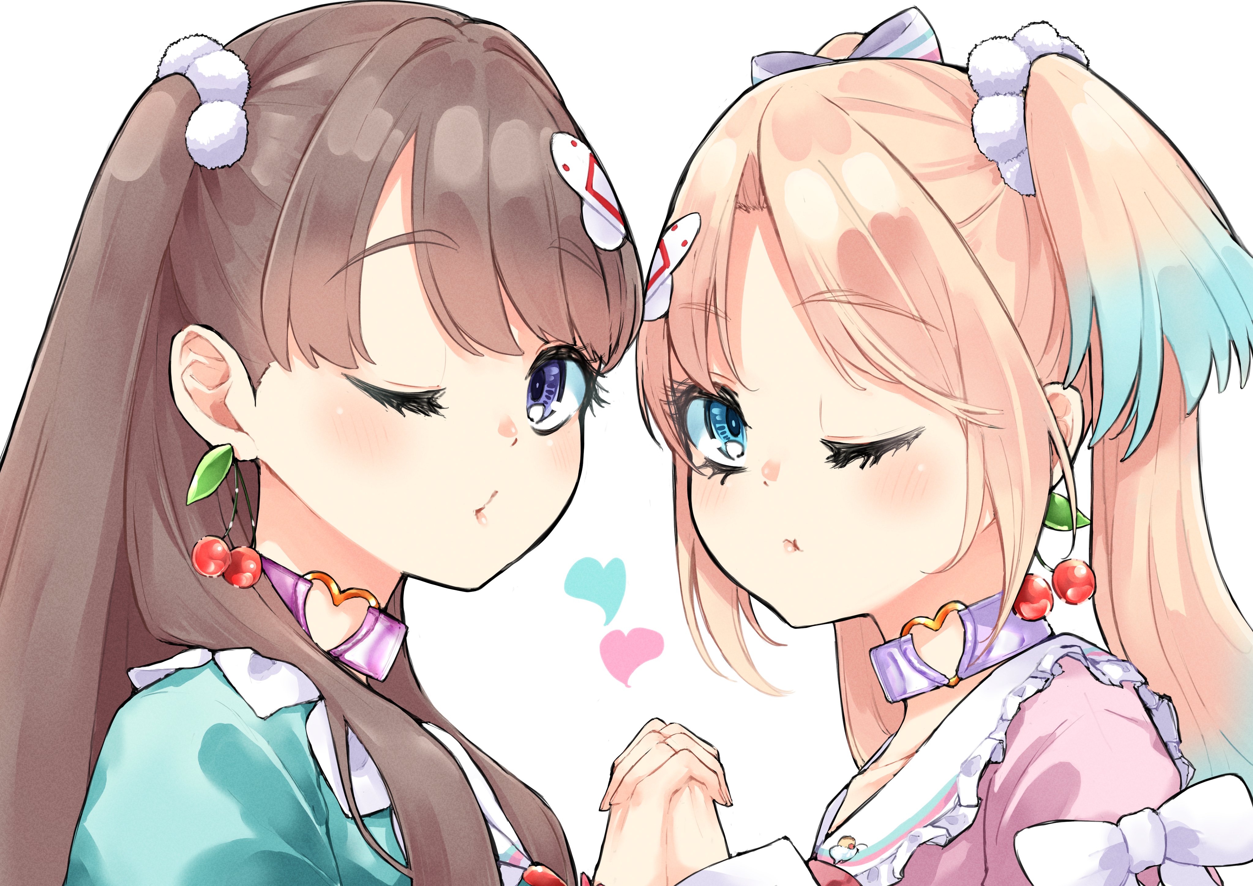 mendo (mend0o0 ), fujishima megumi, osawa rurino, link! like! love live!, love live!, absurdres, commentary, highres, 2girls, ;t, aqua dress, bandaid, bandaid hair ornament, blonde hair, blue hair, bow, brown hair, cherry earrings, closed mouth, collarbone, curtained hair, dress, earrings, food-themed earrings, food themed earrings, frilled sailor collar, frills, gradient hair, hair bow, hair ornament, hair over shoulder, hakuchu a la mode, heart, heart collar, heart o-ring, holding hands, interlocked fingers, jewelry, long hair, long sleeves, mira-cra park!, multicolored hair, multiple girls, o-ring, official alternate costume, parted bangs, pink dress, puckered lips, purple eyes, sailor collar, sailor dress, simple background, twintails, two side up, virtual youtuber, white background, white bow, white sailor collar, x hair ornament