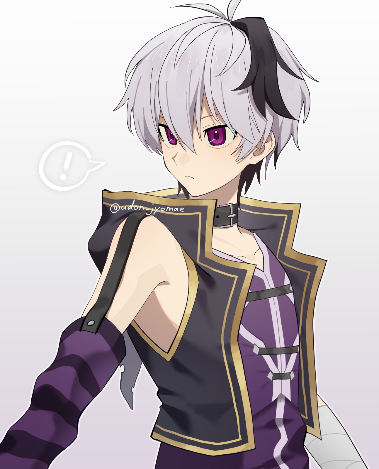 flower (vocaloid), flower (vocaloid4), vocaloid, highres, !, 1girl, androgynous, arm warmers, bandaged arm, bandages, black collar, black hair, collar, cropped jacket, grey background, jacket, looking to the side, multicolored hair, purple arm warmers, purple eyes, purple shirt, shirt, short hair, simple background, single arm warmer, sleeveless, sleeveless jacket, solo, spoken exclamation mark, streaked hair, striped arm warmers, twitter username, udon jyomae, white hair