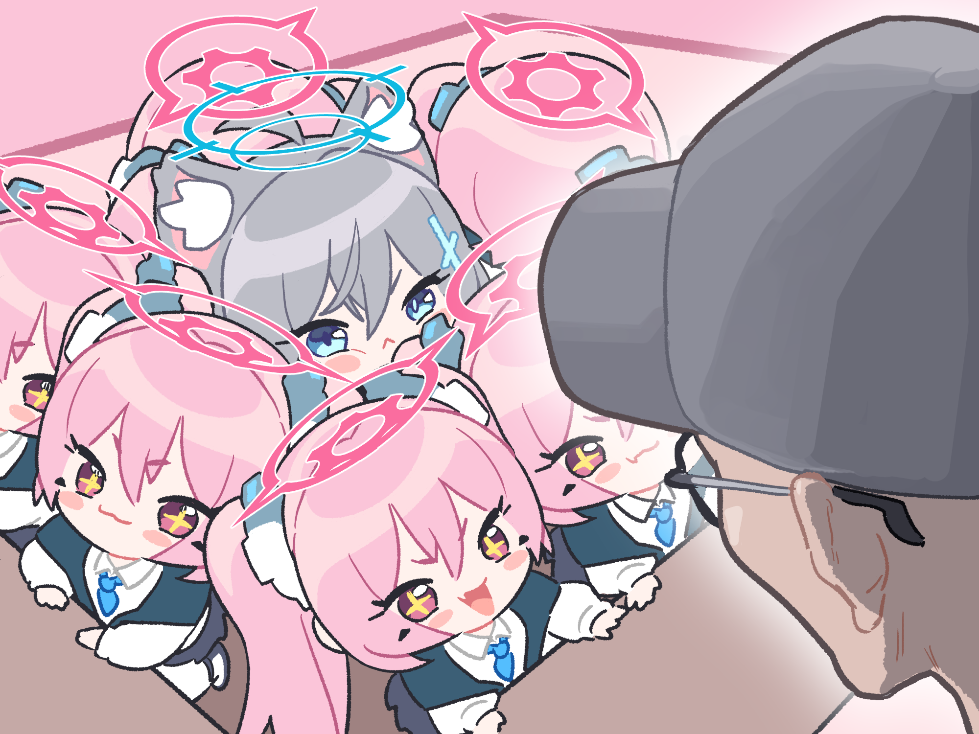ishikoro24, hoshino (blue archive), kim yongha, koyuki (blue archive), shiroko (blue archive), blue archive, commentary request, highres, korean commentary, 1boy, 2girls, :<, :3, animal ear fluff, animal ears, blue archive 2025 hack, blue eyes, blue halo, blue necktie, blush stickers, chibi, clone, closed mouth, collared shirt, cross-shaped pupils, fang, grey hair, halo, multiple girls, necktie, open mouth, pink eyes, pink hair, pink halo, shirt, skin fang, symbol-shaped pupils, twintails, white shirt, wolf ears, wolf girl