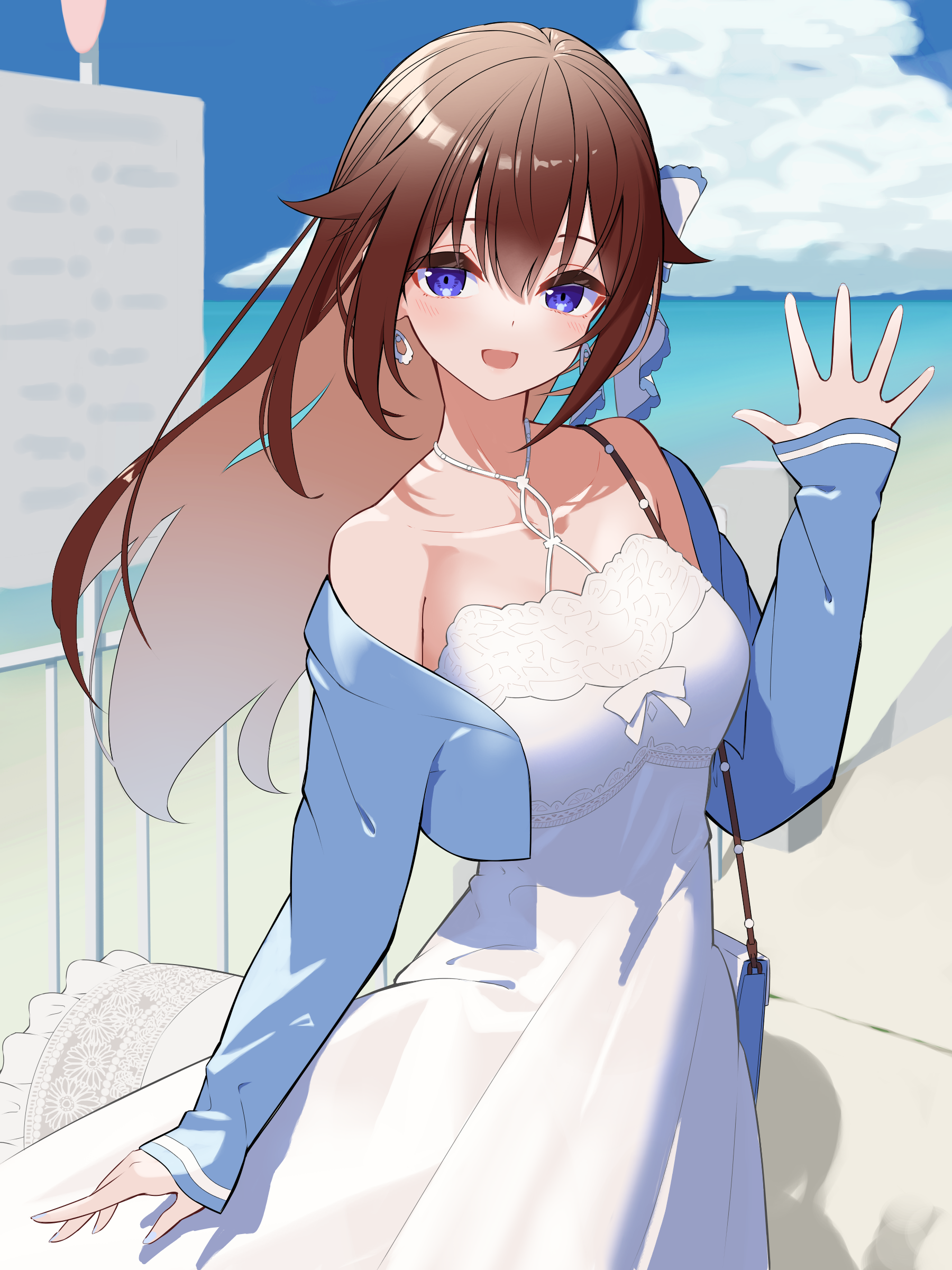 kuronaga, tokino sora, tokino sora (holonatsu paradise), hololive, absurdres, commentary request, highres, 1girl, :d, bag, blue eyes, blue jacket, blue sky, brown hair, cloud, cropped jacket, day, double-parted bangs, dress, hair between eyes, hair flaps, hair ribbon, hand up, jacket, long hair, looking at viewer, off shoulder, official alternate costume, open clothes, open jacket, open mouth, outdoors, ribbon, shoulder bag, sky, sleeveless, sleeveless dress, smile, solo, sundress, virtual youtuber, waving, white dress