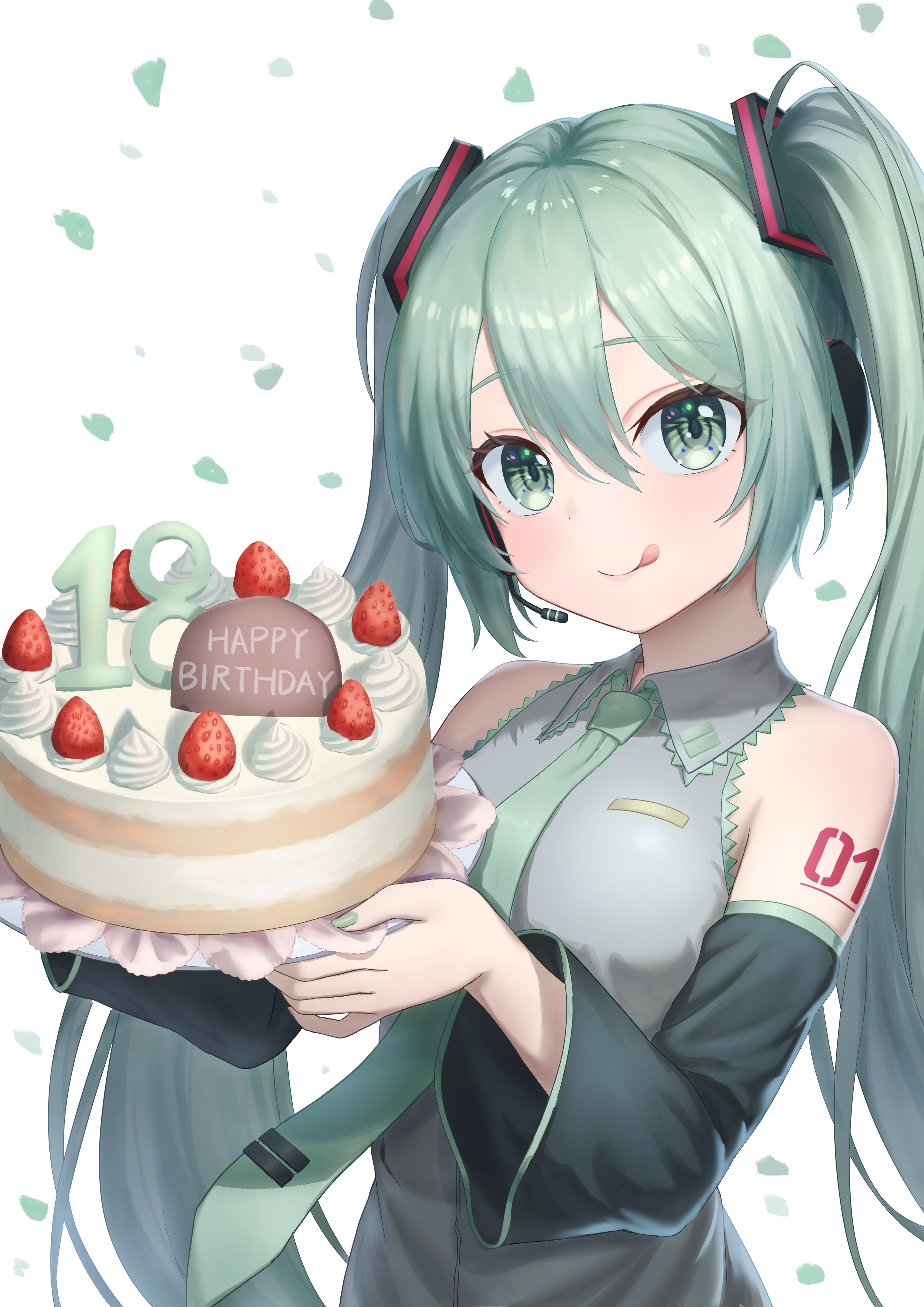 rukimi8787, hatsune miku, vocaloid, absurdres, highres, 1girl, arm tattoo, birthday cake, cake, closed mouth, collared shirt, detached sleeves, food, green eyes, green nails, green necktie, grey hair, grey shirt, hair between eyes, hair ornament, happy birthday, headset, holding, holding cake, holding food, long hair, long sleeves, looking at viewer, necktie, number tattoo, shirt, sleeveless, sleeveless shirt, smile, solo, tattoo, tongue, tongue out, upper body, very long hair, wide sleeves