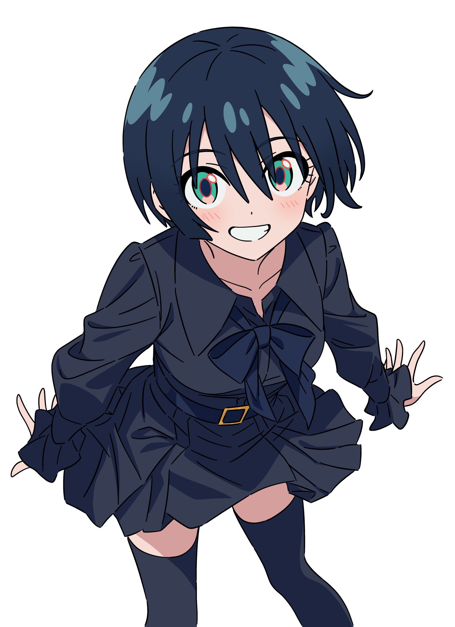 kousuke0912, amate yuzuriha, gundam, gundam gquuuuuux, highres, 1girl, alternate costume, alternate hair color, aqua eyes, arms at sides, belt, black bow, black hair, black shirt, black skirt, black theme, black thighhighs, bow, feet out of frame, frilled sleeves, frills, grin, hair between eyes, leaning forward, long sleeves, looking at viewer, multicolored eyes, shirt, short hair, simple background, skirt, smile, solo, standing, thighhighs, white background