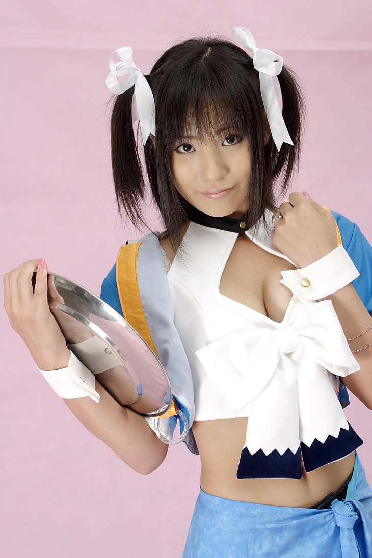 suzukaze yuuki, aizawa tomomi, pia carrot (series), pia carrot e youkoso!!, pia carrot e youkoso!! 3, photo (medium), 1girl, apron, breasts, cleavage, cosplay, female focus, hair ribbon, ribbon, solo, twintails, upper body, waitress
