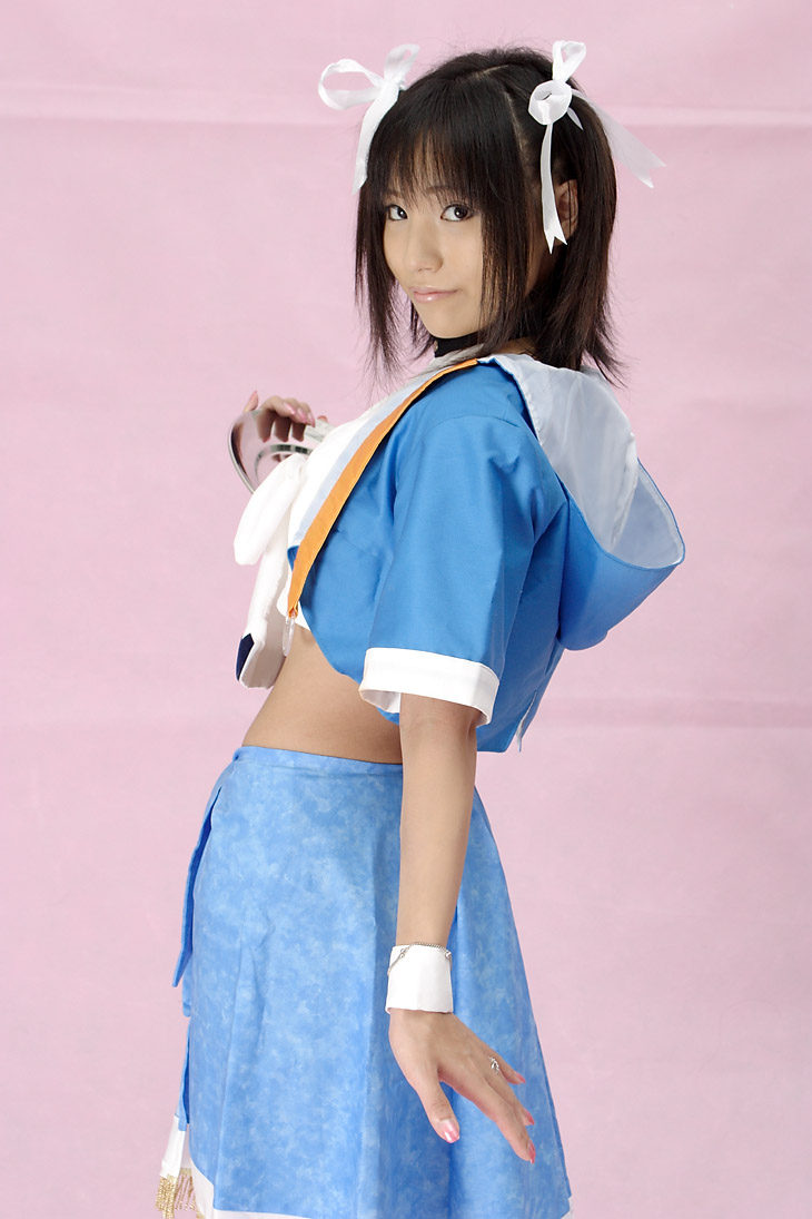 suzukaze yuuki, aizawa tomomi, pia carrot (series), pia carrot e youkoso!!, pia carrot e youkoso!! 3, photo (medium), 1girl, apron, cosplay, cowboy shot, female focus, hair ribbon, ribbon, solo, standing, twintails, waitress