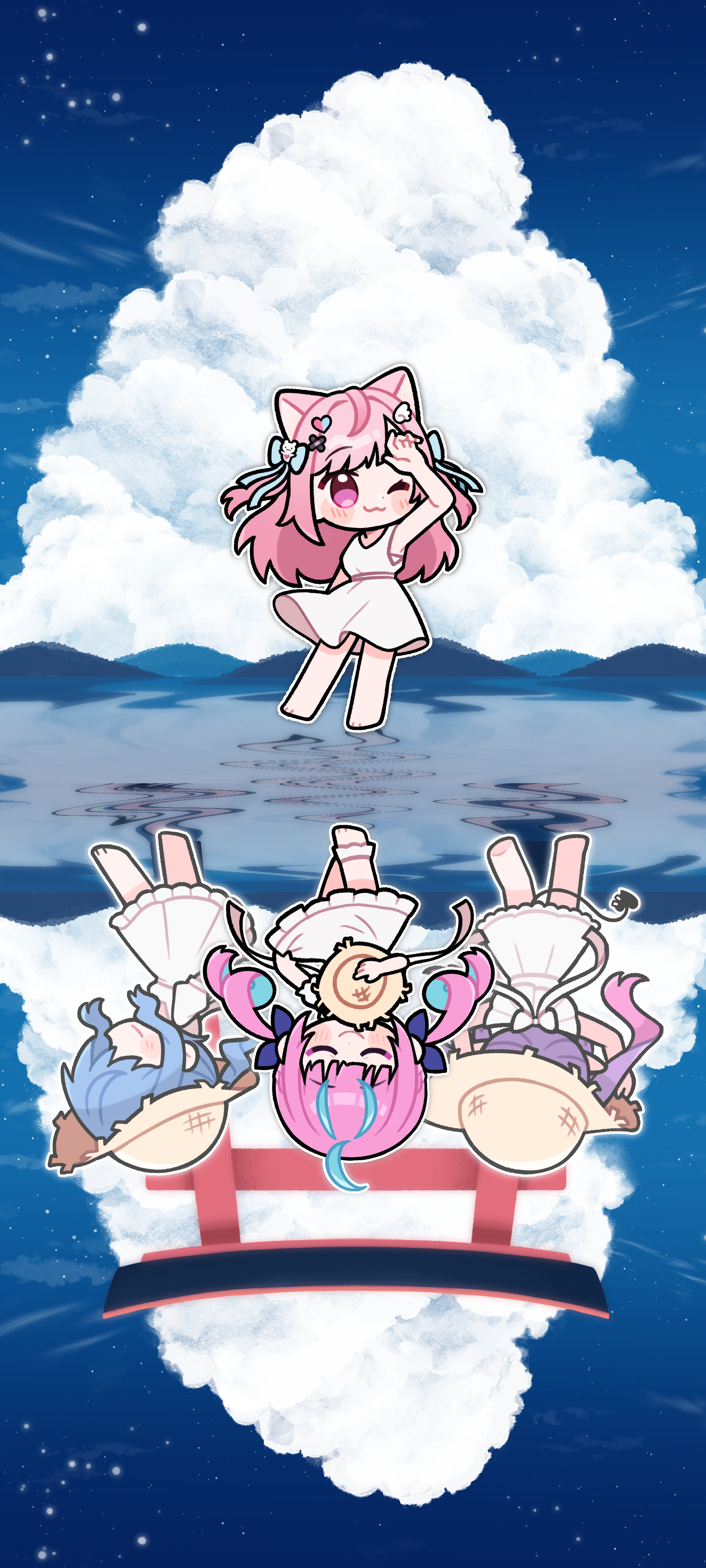 nekotaririn, hoshimachi suisei, minato aqua, tokoyami towa, yuuki sakuna, hololive, indie virtual youtuber, absurdres, commentary, highres, 4girls, ;3, ahoge, animal ears, ankle cuffs, aqua hair, arm up, back bow, bandaid, bandaid hair ornament, black tail, blue hair, blue sky, blush, bow, breasts, cat ears, cat girl, chibi, chibi only, closed eyes, closed mouth, cloud, cloudy sky, colored inner hair, crossed bandaids, curly hair, demon tail, dress, ghost hair ornament, hair bow, hair ornament, hair ribbon, hairclip, hat, heart, heart hair ornament, holding, holding unworn clothes, holding unworn hat, long hair, mountainous horizon, multicolored hair, multiple girls, one eye closed, outdoors, piercing, pink eyes, pink hair, pointy ears, purple hair, purple ribbon, reflection, reflective water, ribbon, skirt hold, sky, sleeveless, sleeveless dress, smile, star (sky), starry sky, startend (hololive), straw hat, streaked hair, tail, tail ornament, tail piercing, thighs, torii, twintails, two-tone hair, two side up, unworn hat, unworn headwear, virtual youtuber, water, white ankle cuffs, white dress, wing hair ornament, yellow hat