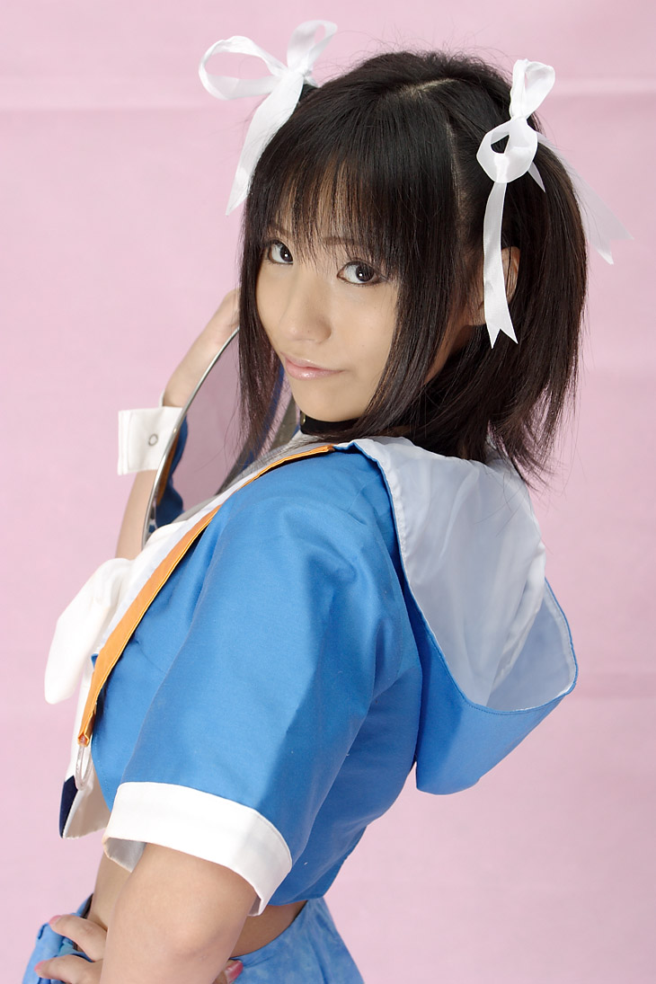 suzukaze yuuki, aizawa tomomi, pia carrot (series), pia carrot e youkoso!!, pia carrot e youkoso!! 3, photo (medium), 1girl, apron, cosplay, female focus, hair ribbon, ribbon, solo, standing, twintails, upper body, waitress