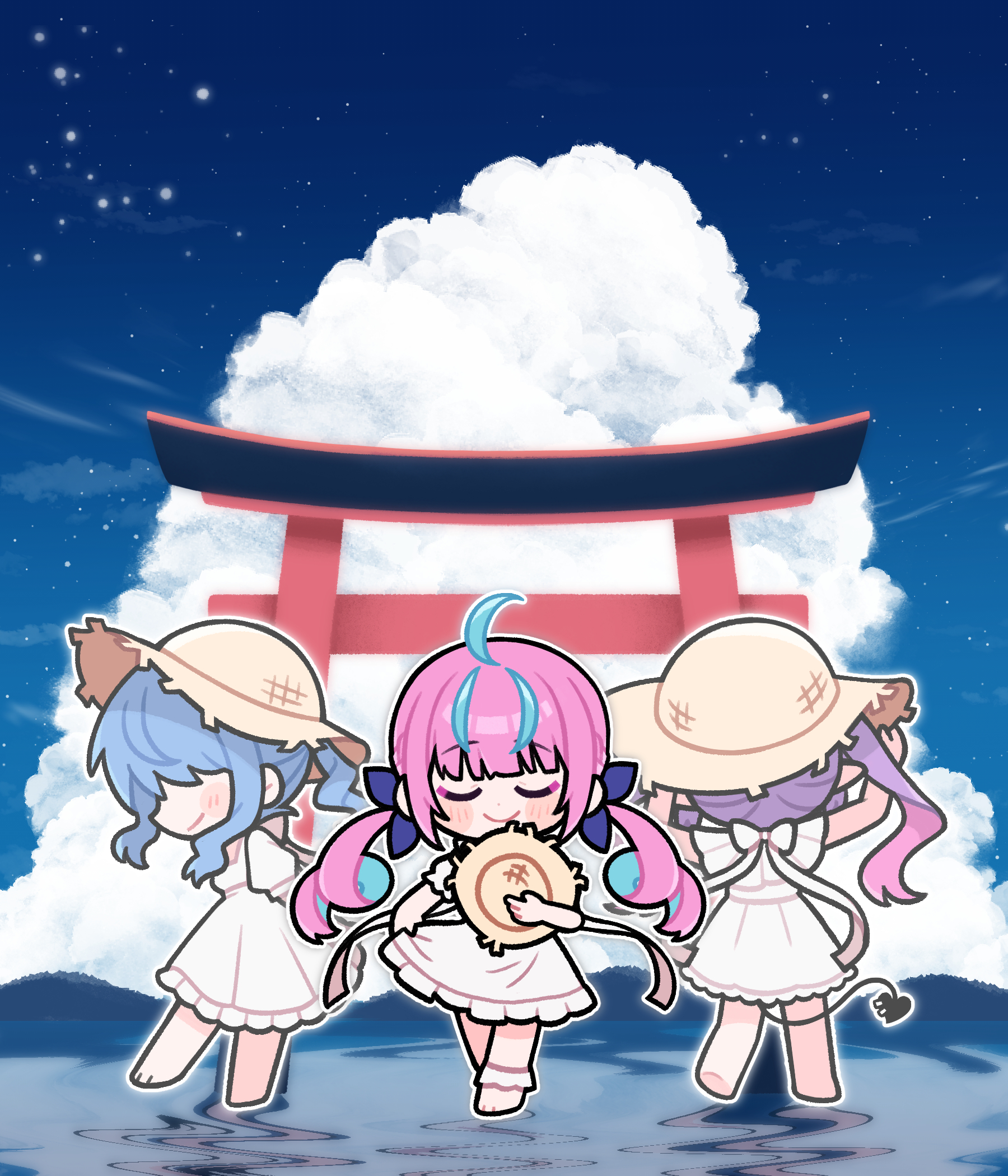 nekotaririn, hoshimachi suisei, minato aqua, tokoyami towa, hololive, commentary, highres, 3girls, ankle cuffs, aqua hair, back bow, black tail, blue hair, blue sky, blush, bow, chibi, chibi only, closed eyes, closed mouth, cloud, cloudy sky, colored inner hair, curly hair, demon tail, dress, hair ribbon, hat, holding, holding unworn clothes, holding unworn hat, long hair, mountainous horizon, multicolored hair, multiple girls, piercing, pink hair, pointy ears, purple hair, purple ribbon, reflection, reflective water, ribbon, skirt hold, sky, sleeveless, sleeveless dress, smile, star (sky), starry sky, startend (hololive), straw hat, streaked hair, tail, tail ornament, tail piercing, thighs, torii, twintails, two-tone hair, unworn hat, unworn headwear, virtual youtuber, water, white ankle cuffs, white dress, yellow hat
