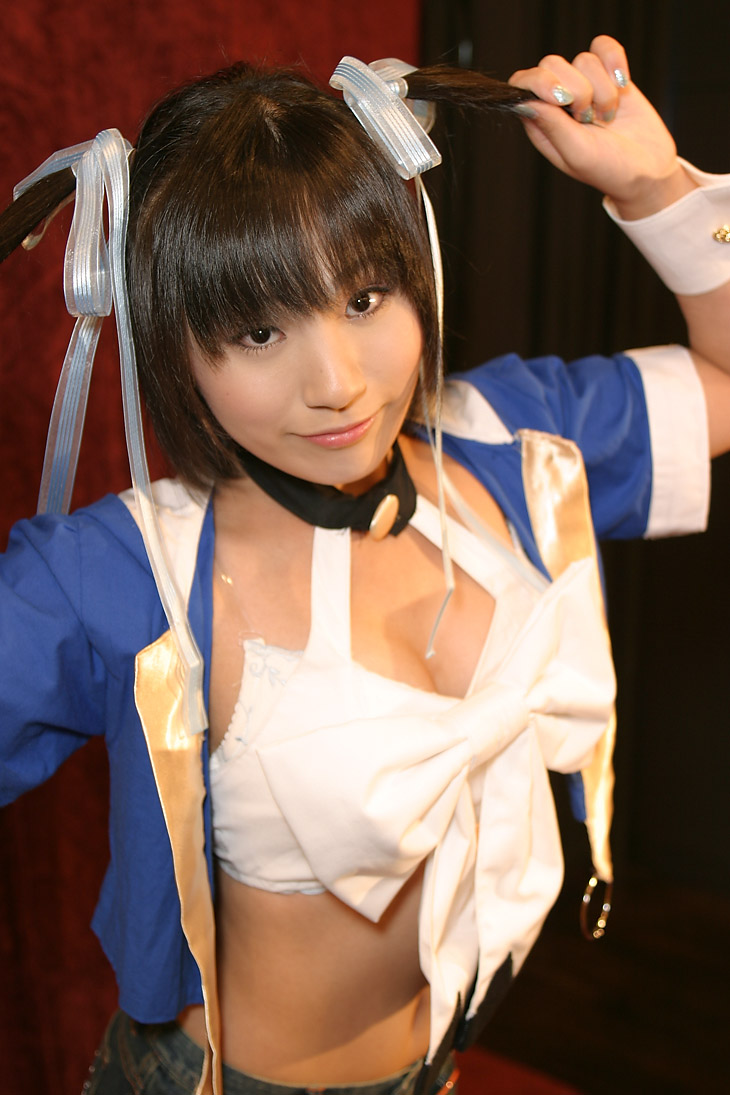 suzukaze yuuki, aizawa tomomi, pia carrot (series), pia carrot e youkoso!!, pia carrot e youkoso!! 3, photo (medium), 1girl, apron, breasts, cleavage, cosplay, female focus, hair ribbon, navel, ribbon, solo, twintails, upper body, waitress