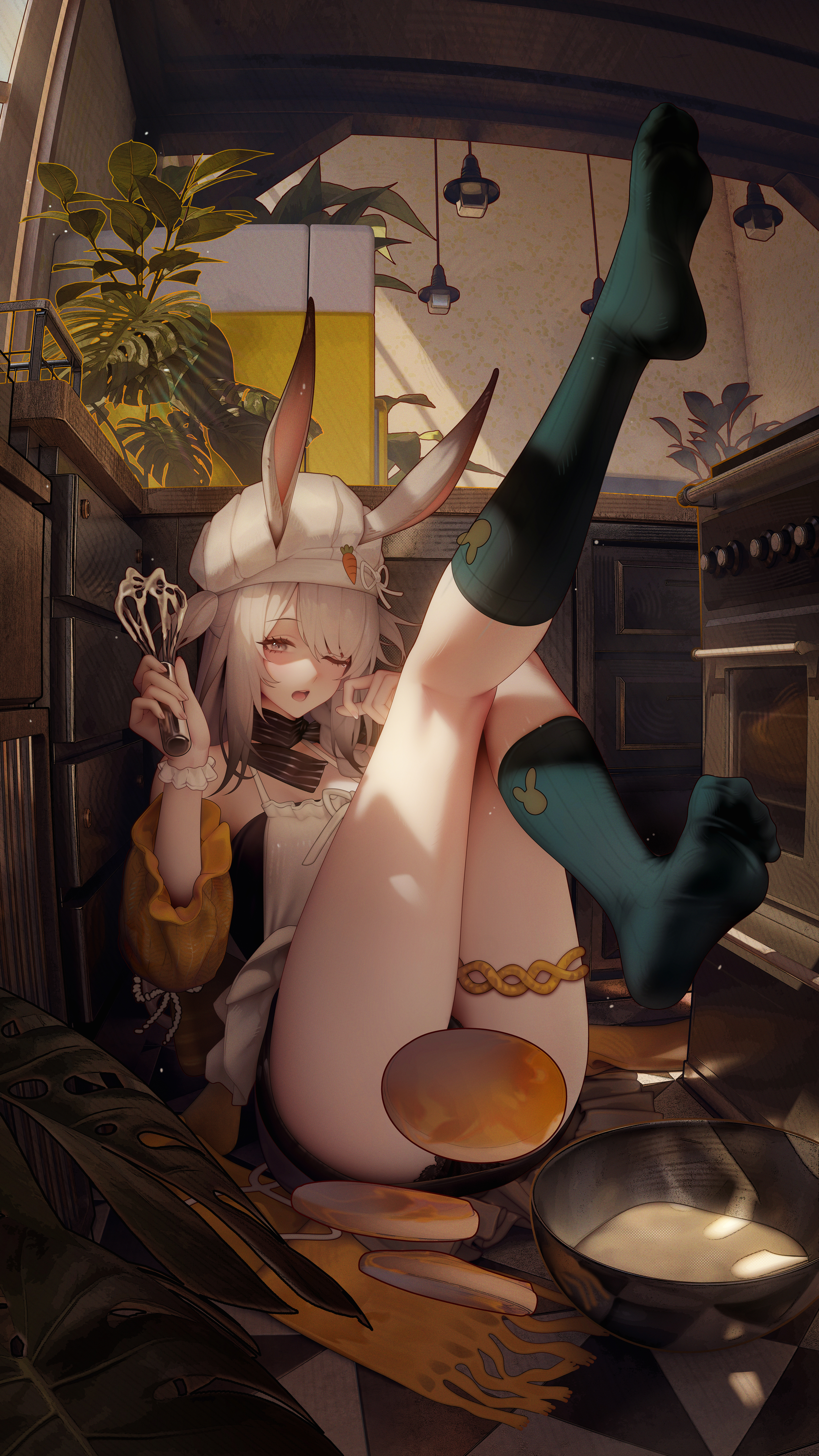 binggong asylum, savage (arknights), savage (secret family recipe) (arknights), arknights, absurdres, highres, 1girl, animal ears, apron, bare shoulders, black dress, black panties, breasts, convenient censoring, dress, ears through headwear, fingernails, food, green socks, grey eyes, grey hair, hat, holding, holding whisk, indoors, jewelry, kitchen, lace, lace-trimmed panties, lace trim, legs up, medium breasts, medium hair, official alternate costume, one eye closed, open mouth, pancake, pancake stack, panties, sitting, socks, solo, thighlet, thighs, underwear, whisk, white hat, yawning