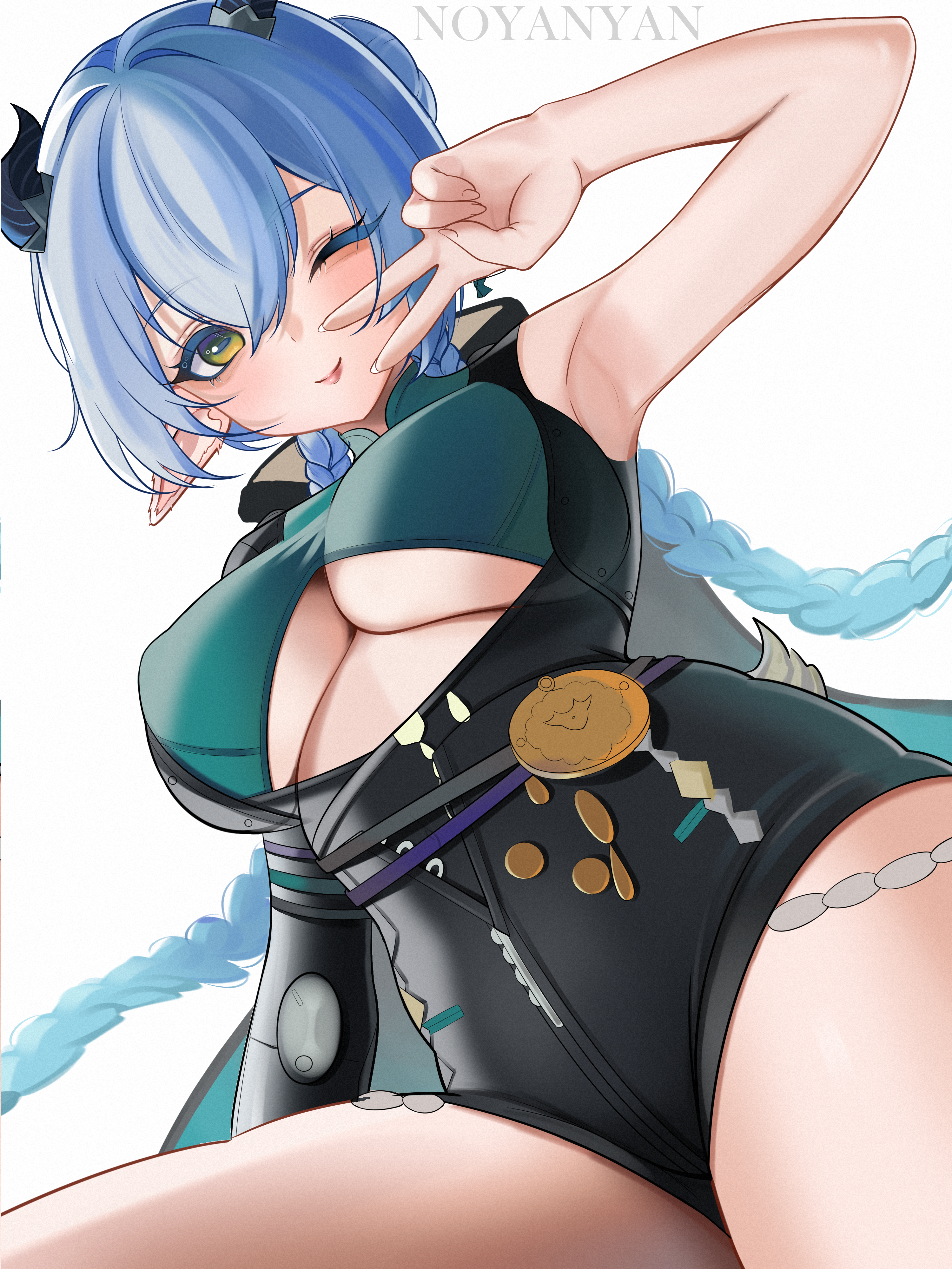 noya nyan, lucia (zenless zone zero), zenless zone zero, absurdres, highres, 1girl, accessories, armpits, blue hair, breasts, cape, colored eyelashes, earrings, green eyes, horns, jewelry, looking at viewer, medallion, one eye closed, pointy ears, single earring, smile, solo, thighs, twintails, underboob, v, white background