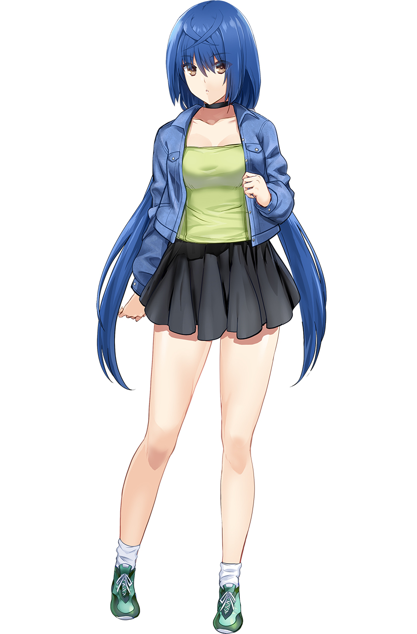 onigirikun, choukou (alicesoft), choukou taisen escalation heroines, highres, official art, 1girl, black skirt, blue hair, breasts, brown eyes, clenched hand, denim, denim jacket, full body, green shirt, jacket, large breasts, long hair, looking at viewer, shirt, short hair, skirt, solo, tachi-e, yusa yurika