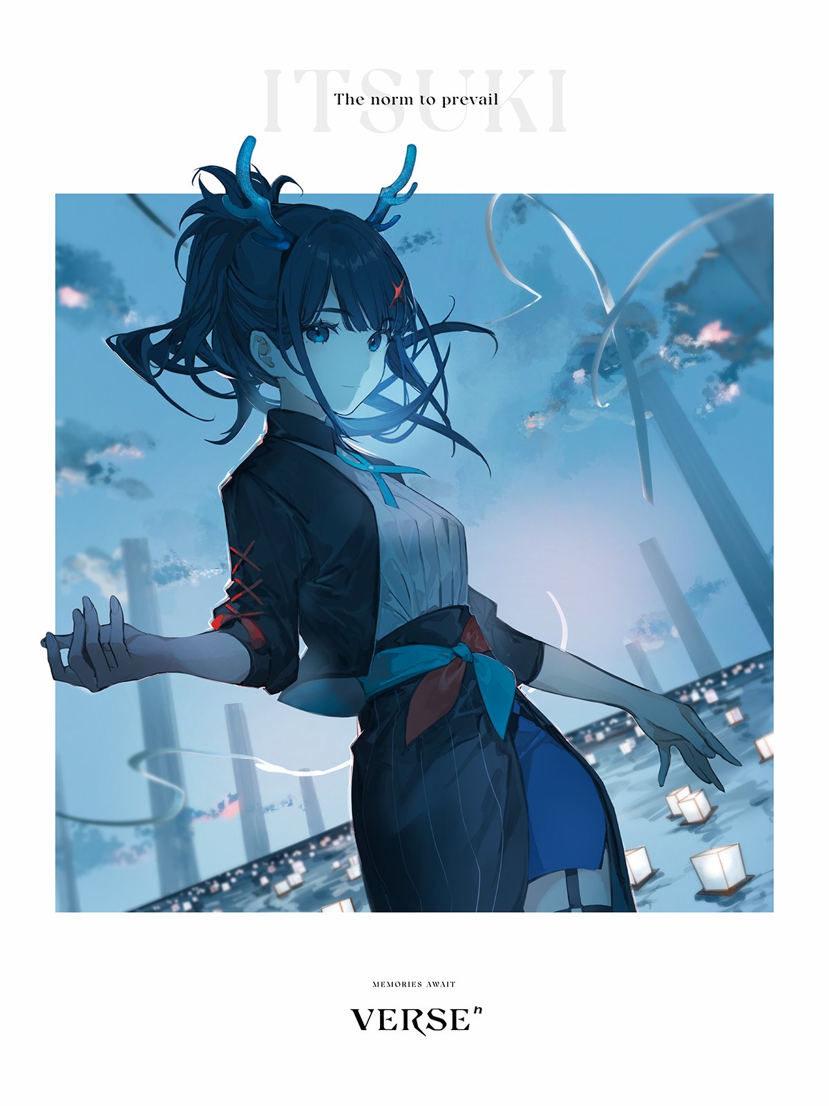 chi4, versen, highres, 1girl, blue hair, cloud, dragon girl, dragon horns, horns, ponytail, ribbon, solo, water