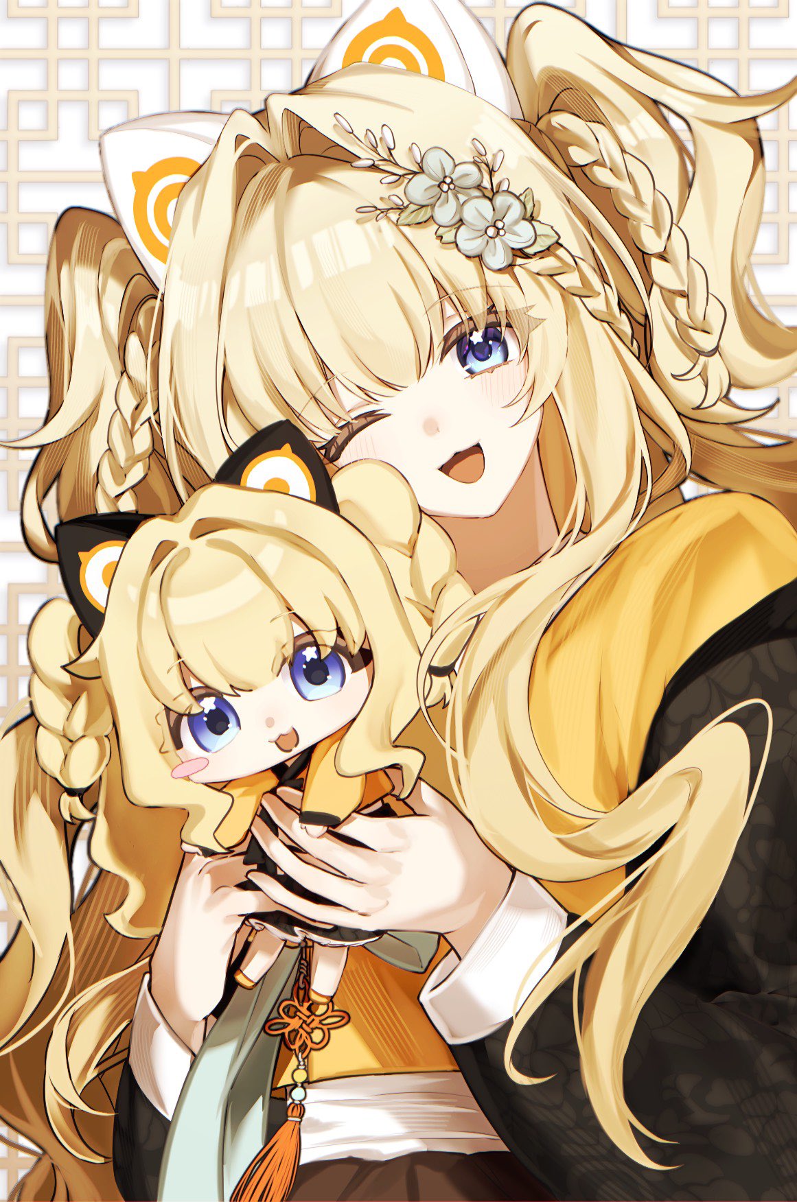 suj278, seeu, vocaloid, commentary, english commentary, highres, 1girl, :3, ;3, animal ears, blonde hair, blue eyes, braid, cat ears, fake animal ears, flower, hair flower, hair intakes, hair ornament, holding, looking at viewer, one eye closed, sidelocks, star (symbol), star in eye, symbol in eye, tassel, two side up, white flower