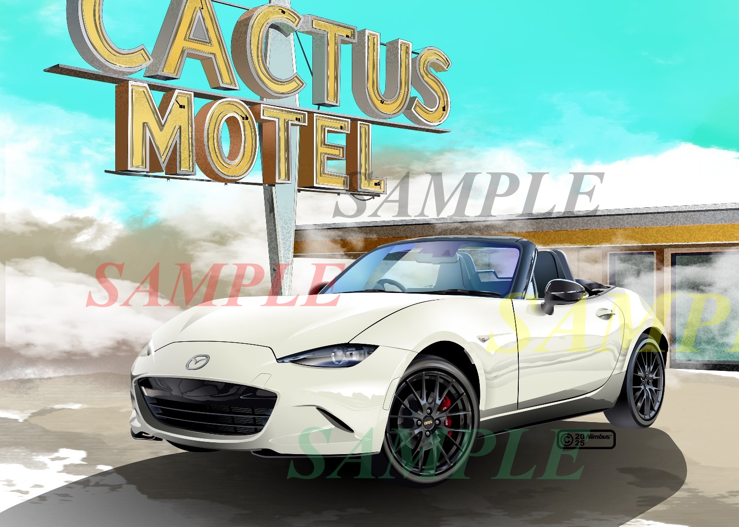 nimbus goldbrum, mazda, original, commentary request, 2025, artist name, building, car, cloud, cloudy sky, convertible, copyright notice, dated, eunos roadster, logo, mazda mx-5, mazda mx-5 nd, motel, motor vehicle, no humans, outdoors, product placement, sample watermark, shadow, sign, sky, sports car, vehicle focus, watermark, white car