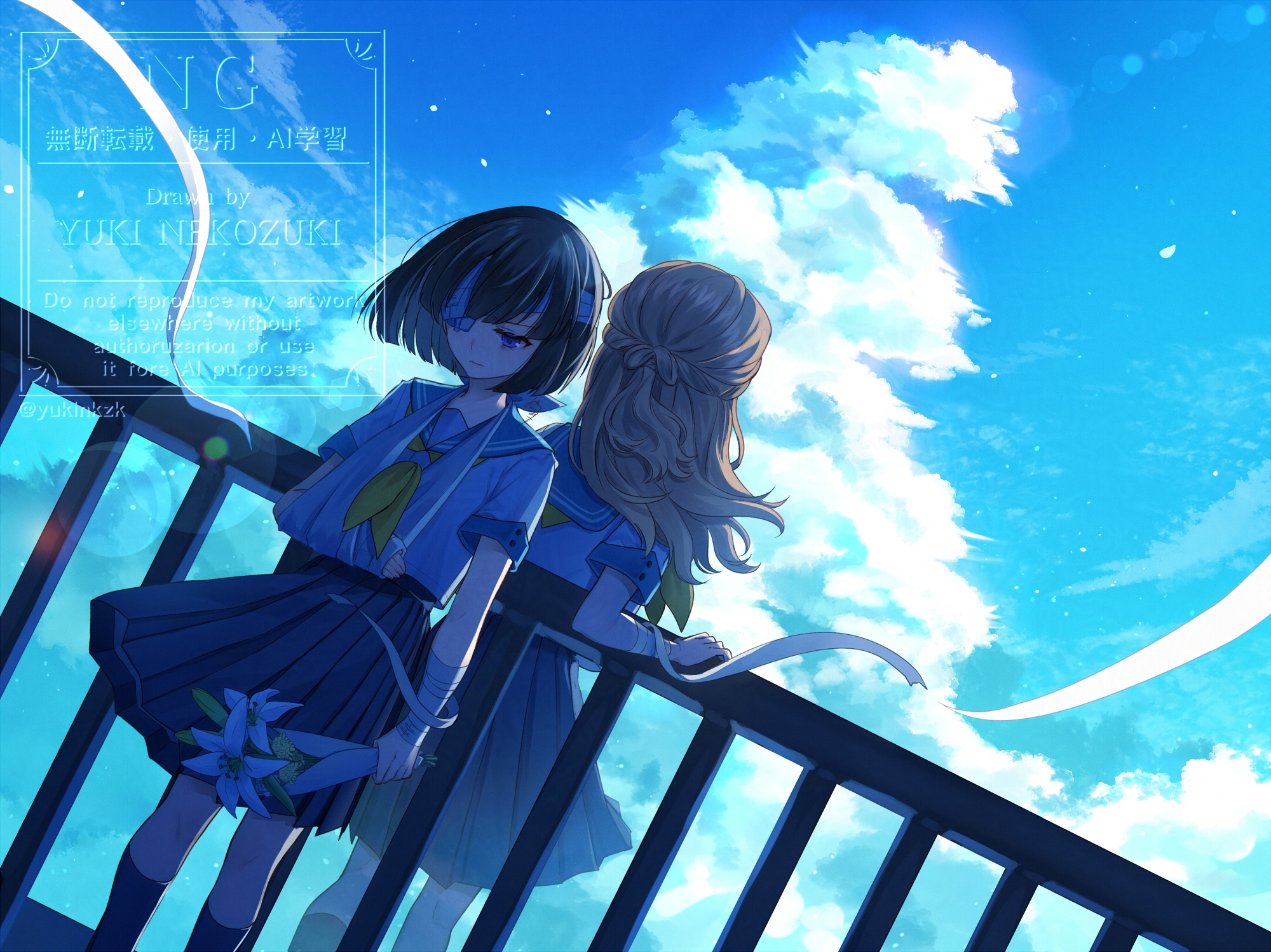 nekozuki yuki, original, commentary request, highres, 2girls, arm sling, bandage over one eye, bandaged arm, bandaged head, bandages, black hair, black skirt, black socks, blue eyes, blue sailor collar, blue sky, brown hair, closed mouth, cloud, day, dutch angle, feet out of frame, flower, holding, holding flower, long hair, multiple girls, neckerchief, outdoors, pleated skirt, railing, sailor collar, school uniform, serafuku, shirt, short sleeves, skirt, sky, socks, standing, watermark, white flower, white shirt, yellow neckerchief