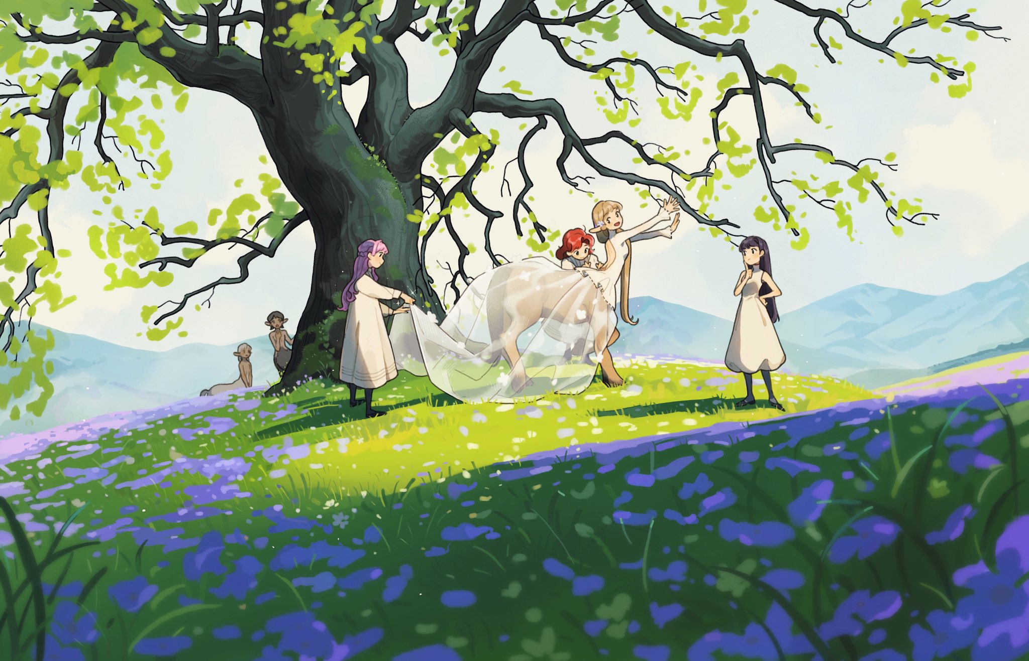 carol cao, original, commentary, english commentary, highres, 6+girls, black hair, blonde hair, braid, centaur, day, dress, field, finger to cheek, flower, flower field, grass, hair over shoulder, half up braid, landscape, long hair, looking back, monster girl, mountain, multiple girls, outdoors, purple flower, purple hair, red hair, see-through clothes, see-through skirt, skirt, standing, taur, tree, white dress, wide shot
