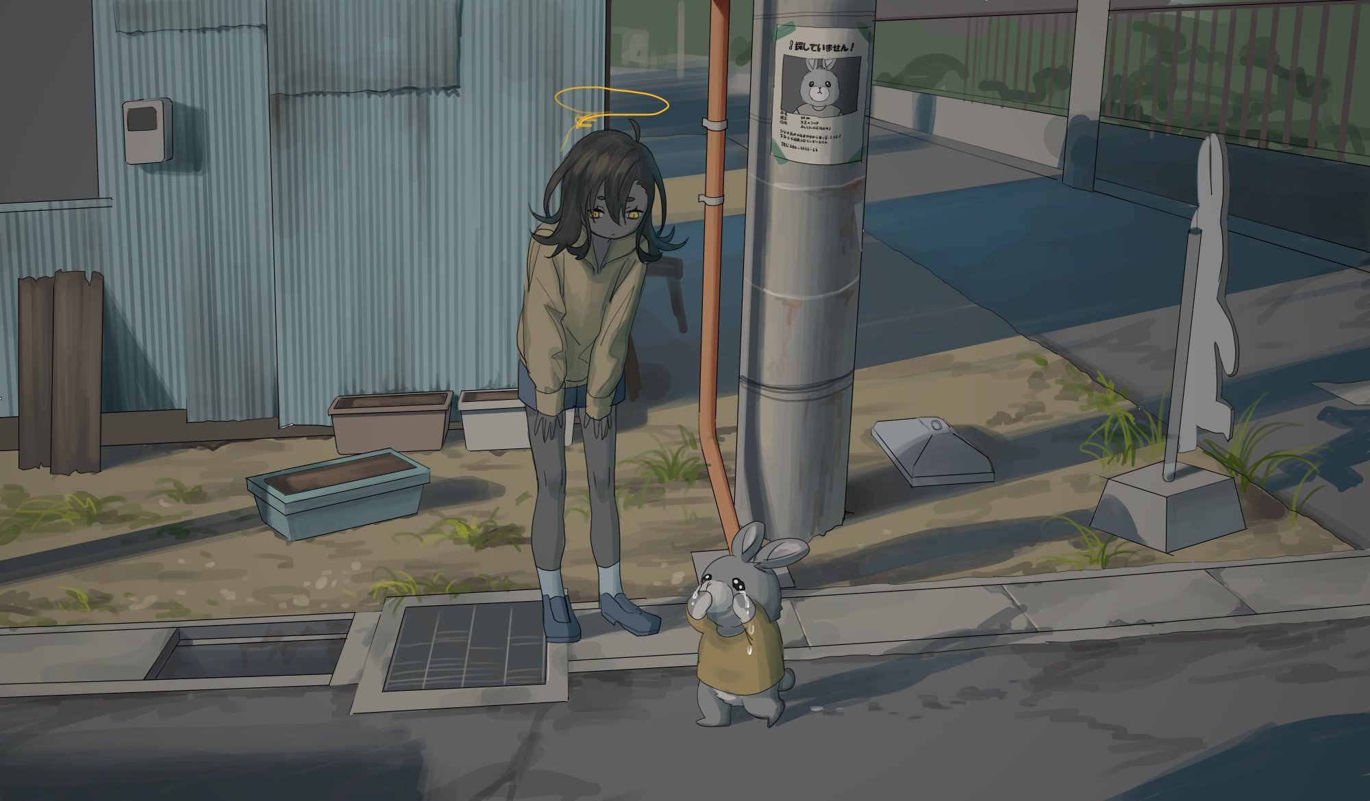 tensen (dotted line), original, highres, 1other, black hair, blue shoes, blue shorts, building, crying, dark skin, hair between eyes, halo, hands on own knees, hood, hood down, hoodie, missing poster, outdoors, rabbit, shadow, shoes, short eyebrows, shorts, socks, streaming tears, tears, utility pole, white socks, yellow eyes