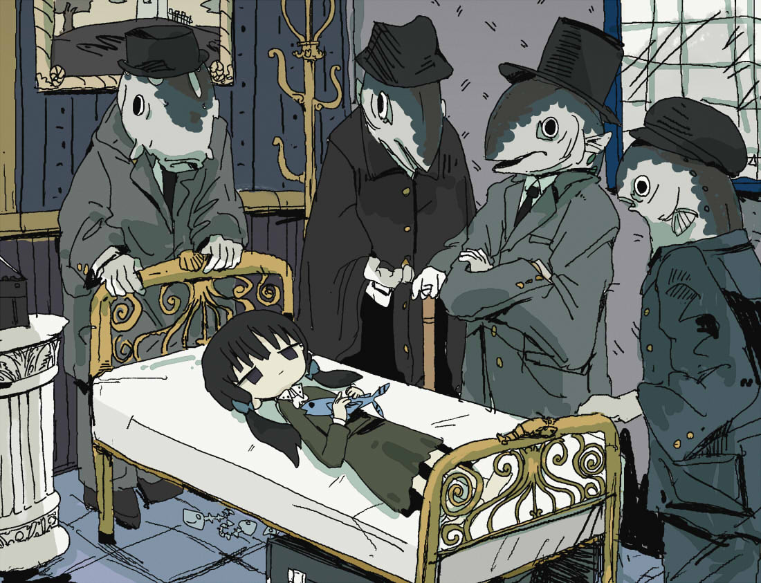 naaaaaaaa, original, 1girl, 4boys, animal, animal head, bed, black coat, black eyes, black hair, blue bow, bow, buttons, coat, crossed arms, dress, fins, fish, fish boy, fish skeleton, grey coat, hair bow, hat, holding, holding animal, holding fish, indoors, jitome, lapels, lying, multiple boys, newsboy cap, no nose, notched lapels, on back, on bed, painting (object), surreal, top hat, trench coat, twintails