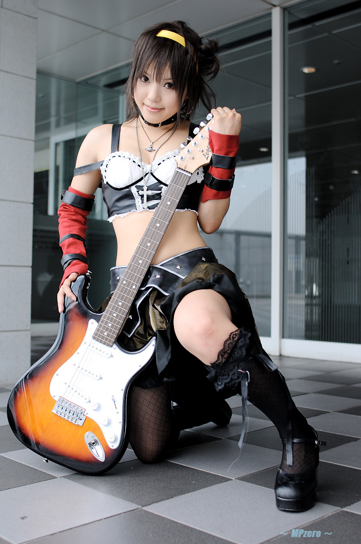 kipi-san, suzumiya haruhi, real life, suzumiya haruhi no yuuutsu, cosplay photo, photo (medium), 1girl, asian, belt, breasts, cosplay, elbow gloves, electric guitar, female focus, fender stratocaster, fishnet thighhighs, fishnets, gloves, guitar, hairband, indoors, instrument, looking at viewer, mary janes, midriff, on one knee, shoes, single thighhigh, small breasts, solo, suzumiya haruhi (cosplay), thighhighs