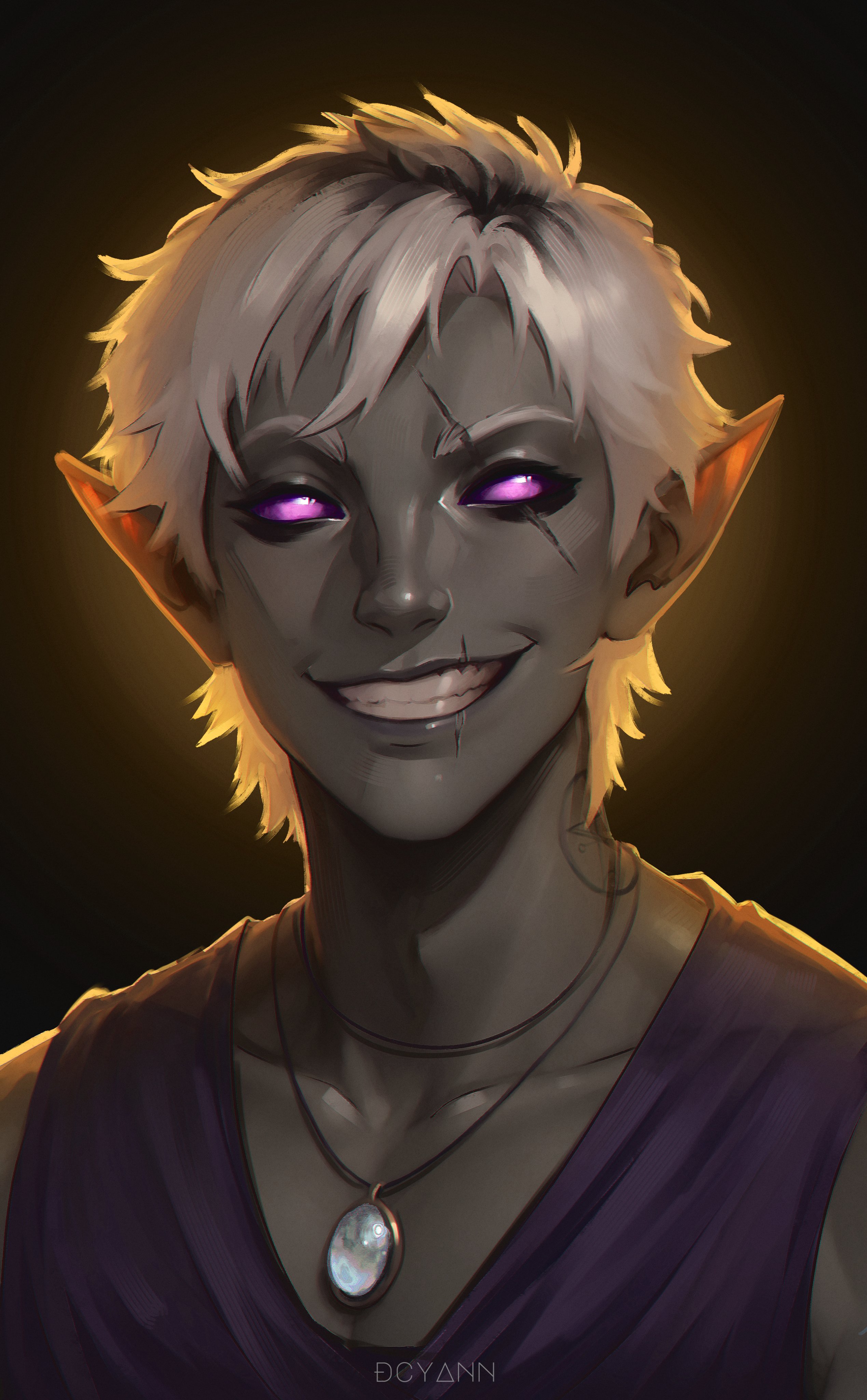dcyann, original, absurdres, highres, 1boy, 1girl, artist name, colored skin, grey skin, grin, jewelry, male focus, necklace, pointy ears, portrait, purple eyes, purple shirt, scar, scar across eye, scar on face, shirt, short hair, short sleeves, smile, solo, teeth, white hair