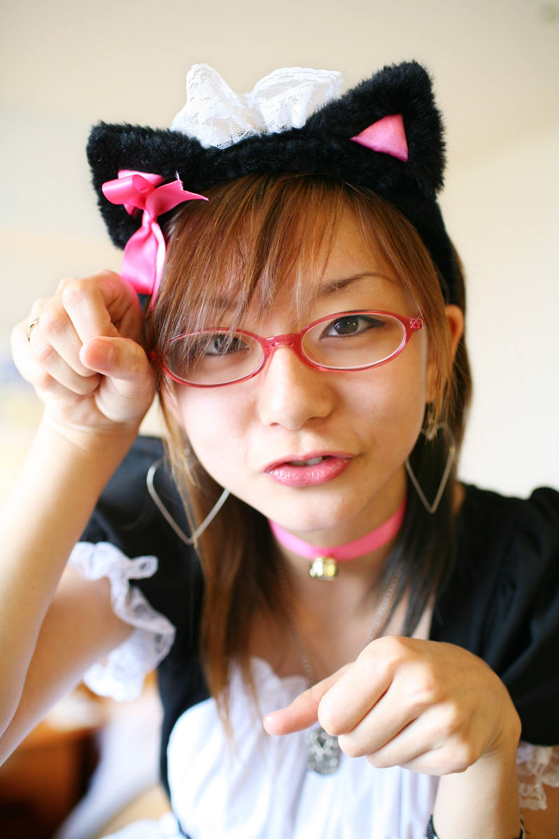maya, highres, photo (medium), animal ears, apron, cat ears, cosplay, glasses, maid, maid apron