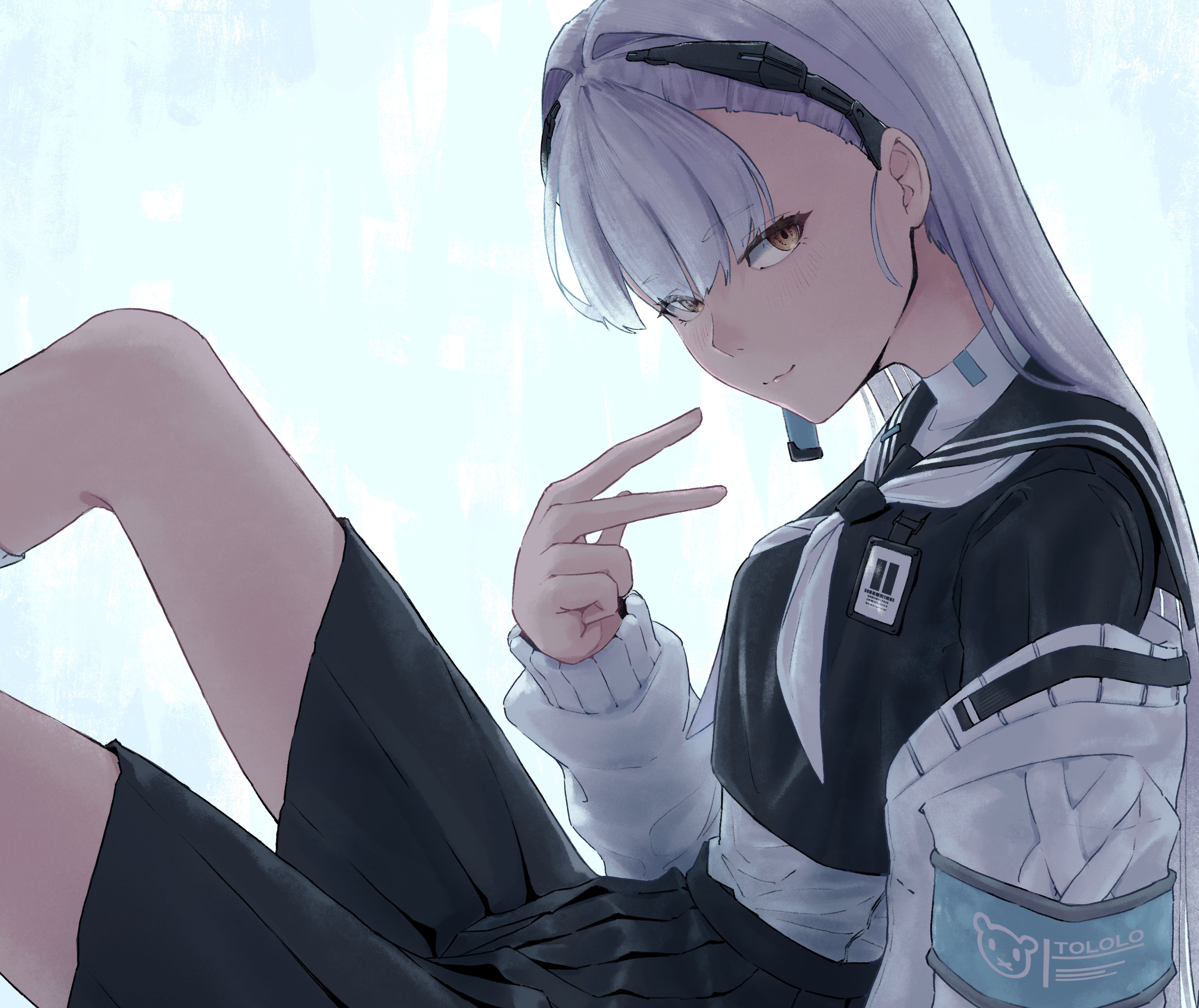 umano sora, ak-alfa (girls' frontline), tololo (girls' frontline 2), girls' frontline, girls' frontline 2: exilium, absurdres, commentary request, highres, 1girl, armband, black sailor collar, black serafuku, black shirt, black skirt, blue armband, blush, character name, closed mouth, jacket, long hair, looking at viewer, neckerchief, official alternate costume, open clothes, open jacket, pleated skirt, sailor collar, school uniform, serafuku, shirt, simple background, skirt, smile, socks, solo, white background, white hair, white jacket, white neckerchief, white socks, yellow eyes