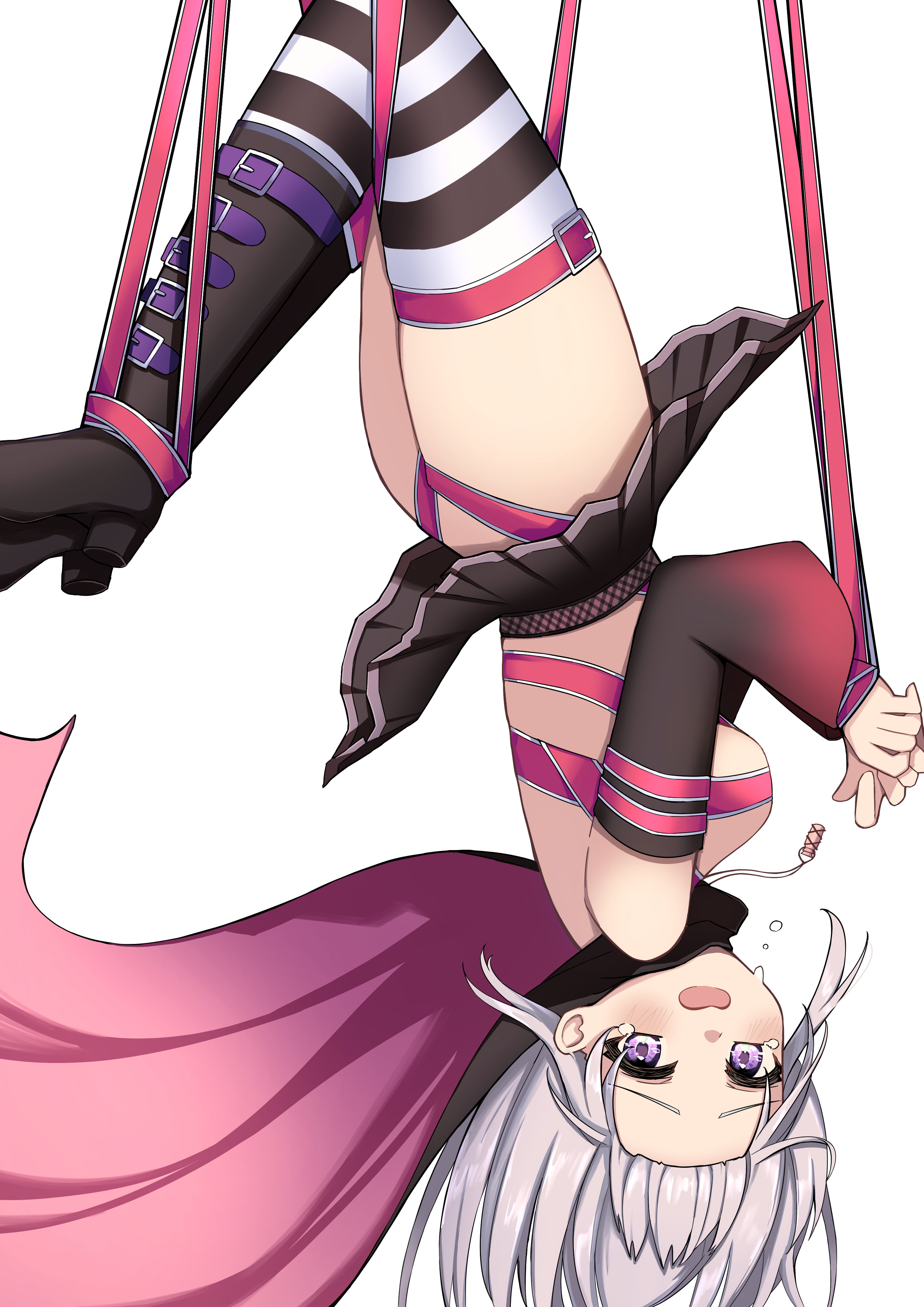 user fxtv3484, ayachi nene, sanoba witch, absurdres, commentary, highres, 1girl, ass, bare shoulders, belt, belt bra, black boots, black cape, black skirt, blush, boots, bound, bound legs, bound wrists, breasts, cape, crying, crying with eyes open, detached sleeves, embarrassed, feet up, floating cape, floating clothes, floating hair, forehead, from side, full body, furrowed brow, grey hair, jewelry, large breasts, long hair, long ribbon, long sleeves, looking at viewer, miniskirt, necklace, no panties, open mouth, pink belt, pink cape, pink ribbon, pleated skirt, purple eyes, restrained, ribbon, sideboob, sidelocks, simple background, single thighhigh, skirt, solo, striped clothes, striped thighhighs, tears, thighhighs, thighs, two-sided cape, two-sided fabric, upside-down, white background, wide sleeves