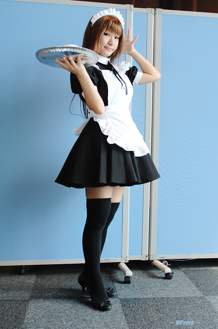 photo (medium), apron, cosplay, maid, maid apron, rio minase, thighhighs, tray