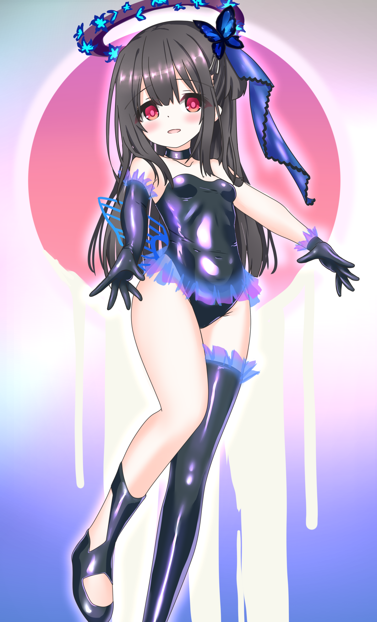 langley1000, miyu edelfelt, miyu edelfelt (swimsuit lancer) (third ascension), fate/grand order, fate/kaleid liner prisma illya, fate (series), highres, 1girl, asymmetrical gloves, bare shoulders, black gloves, black hair, black leotard, black thighhighs, blush, breasts, butterfly hair ornament, choker, elbow gloves, elbows on thighs, gloves, hair ornament, hairclip, layered gloves, leotard, long hair, looking at viewer, open mouth, red eyes, ribbon, single thighhigh, small breasts, smile, thighhighs, uneven gloves