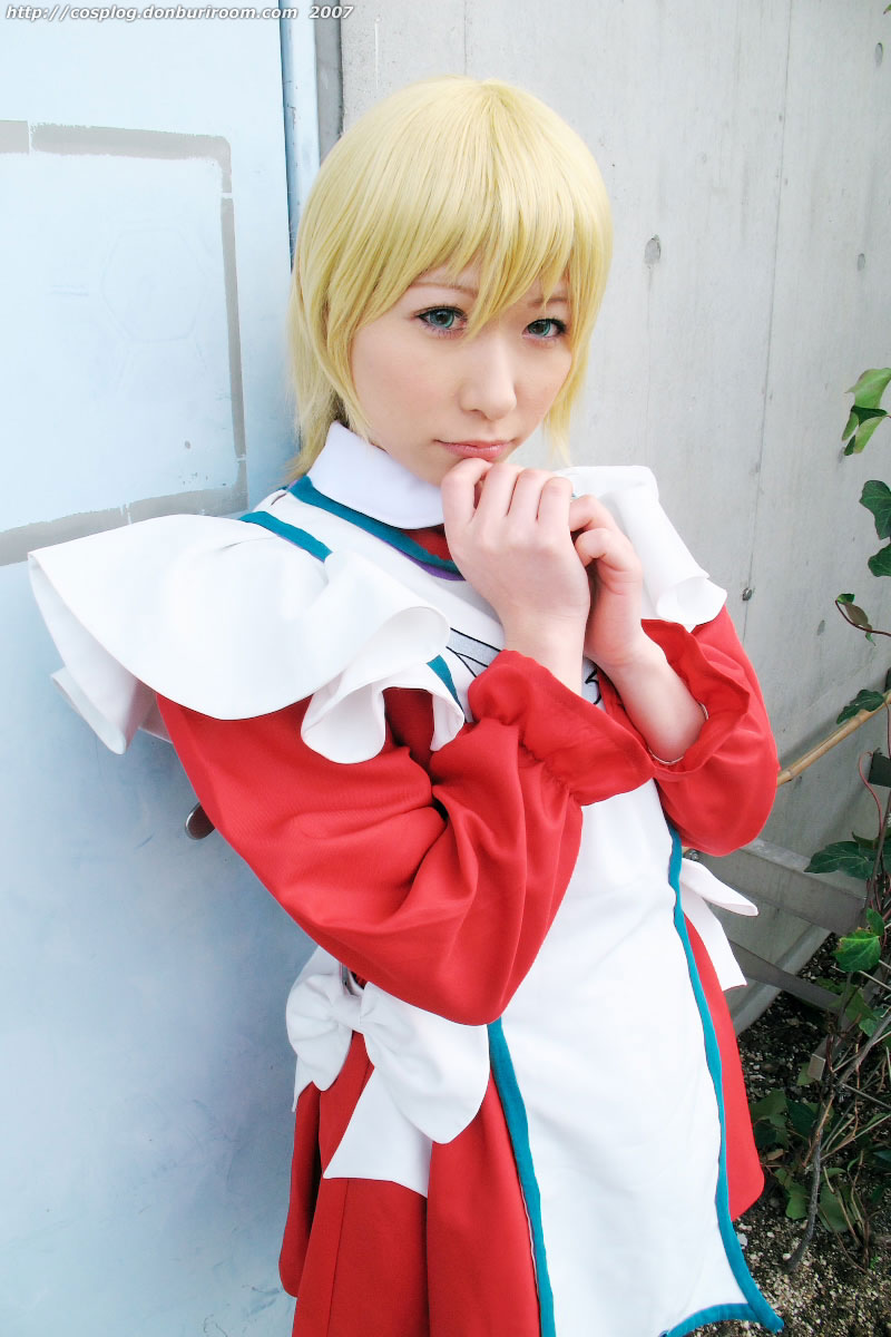 chippi, erstin ho, my-otome, highres, photo (medium), 1girl, 2007, apron, aqua eyes, asian, blonde hair, blue eyes, color contacts, cosplay, erstin ho (cosplay), female focus, looking at viewer, maid, maid apron, outdoors, school uniform, short hair, solo, watermark, web address