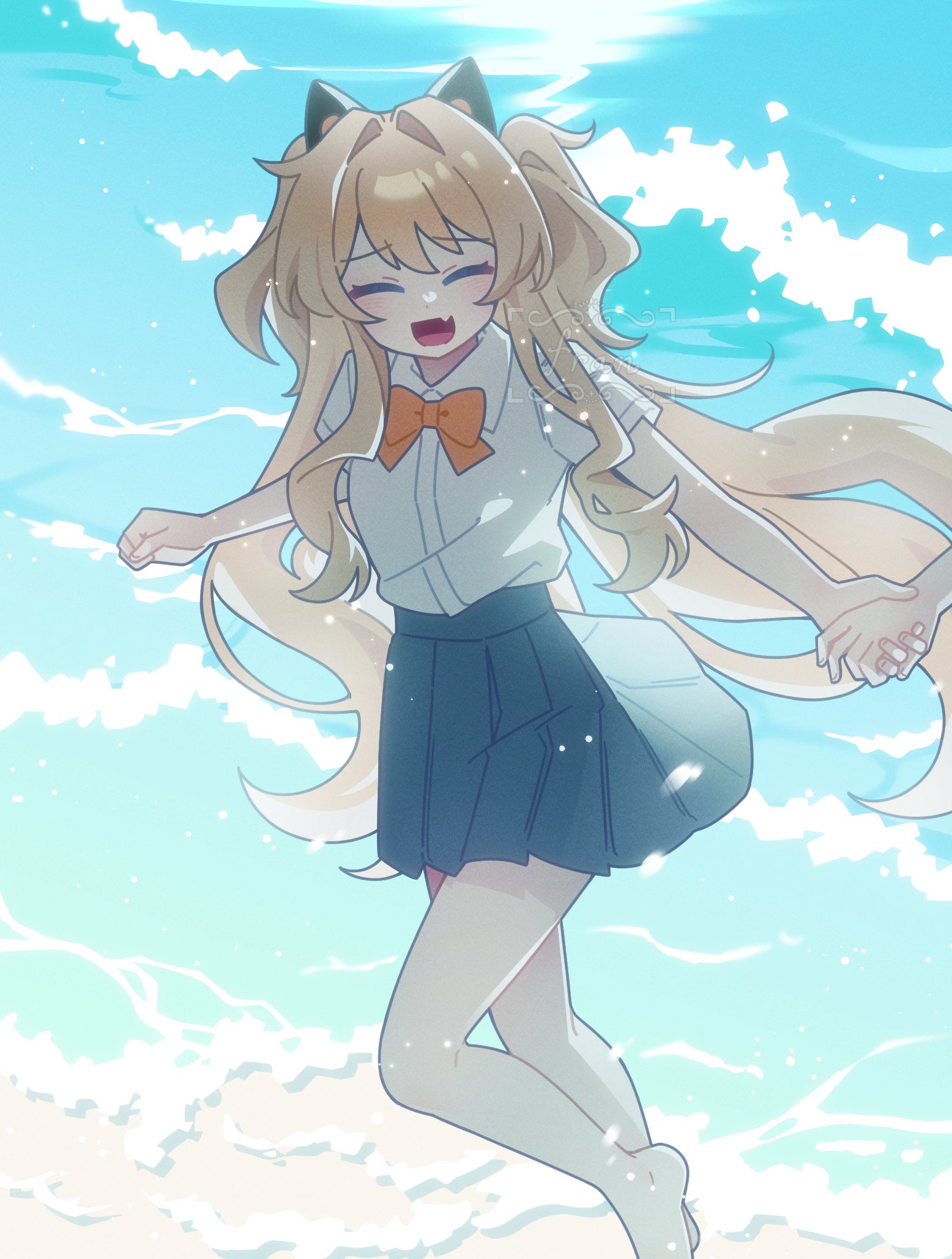 fran (fran122), seeu, vocaloid, commentary request, highres, korean commentary, 1girl, :d, ^ ^, animal ears, artist name, barefoot, blonde hair, blue skirt, blush, bow, bowtie, cat ears, closed eyes, collared shirt, fake animal ears, fang, long hair, open mouth, orange bow, orange bowtie, pleated skirt, sand, shirt, skirt, smile, solo, tongue, waves, white shirt