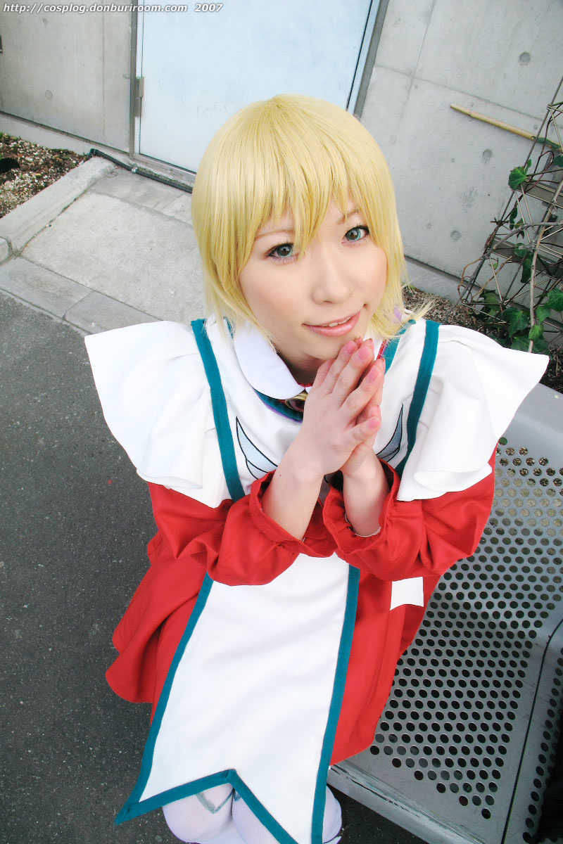 chippi, erstin ho, my-otome, highres, photo (medium), 1girl, 2007, apron, asian, bench, blonde hair, blue eyes, color contacts, cosplay, erstin ho (cosplay), female focus, looking at viewer, maid, maid apron, outdoors, school uniform, serafuku, short hair, sitting, solo, thighhighs, watermark, web address, white thighhighs, zettai ryouiki