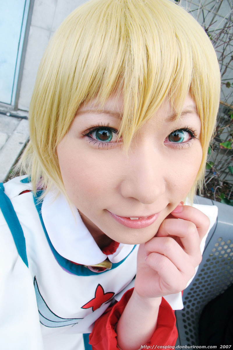 chippi, erstin ho, my-otome, highres, photo (medium), 1girl, 2007, apron, asian, bench, blonde hair, blue eyes, color contacts, cosplay, dutch angle, erstin ho (cosplay), female focus, looking at viewer, maid, maid apron, outdoors, school uniform, short hair, sitting, solo, watermark, web address