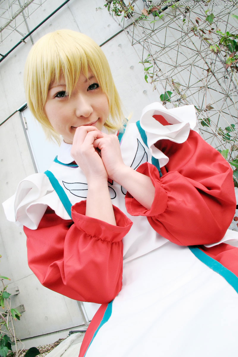 chippi, erstin ho, my-otome, highres, photo (medium), 1girl, 2007, apron, asian, blonde hair, blue eyes, color contacts, cosplay, dutch angle, erstin ho (cosplay), female focus, looking at viewer, maid, maid apron, outdoors, school uniform, short hair, solo, watermark, web address