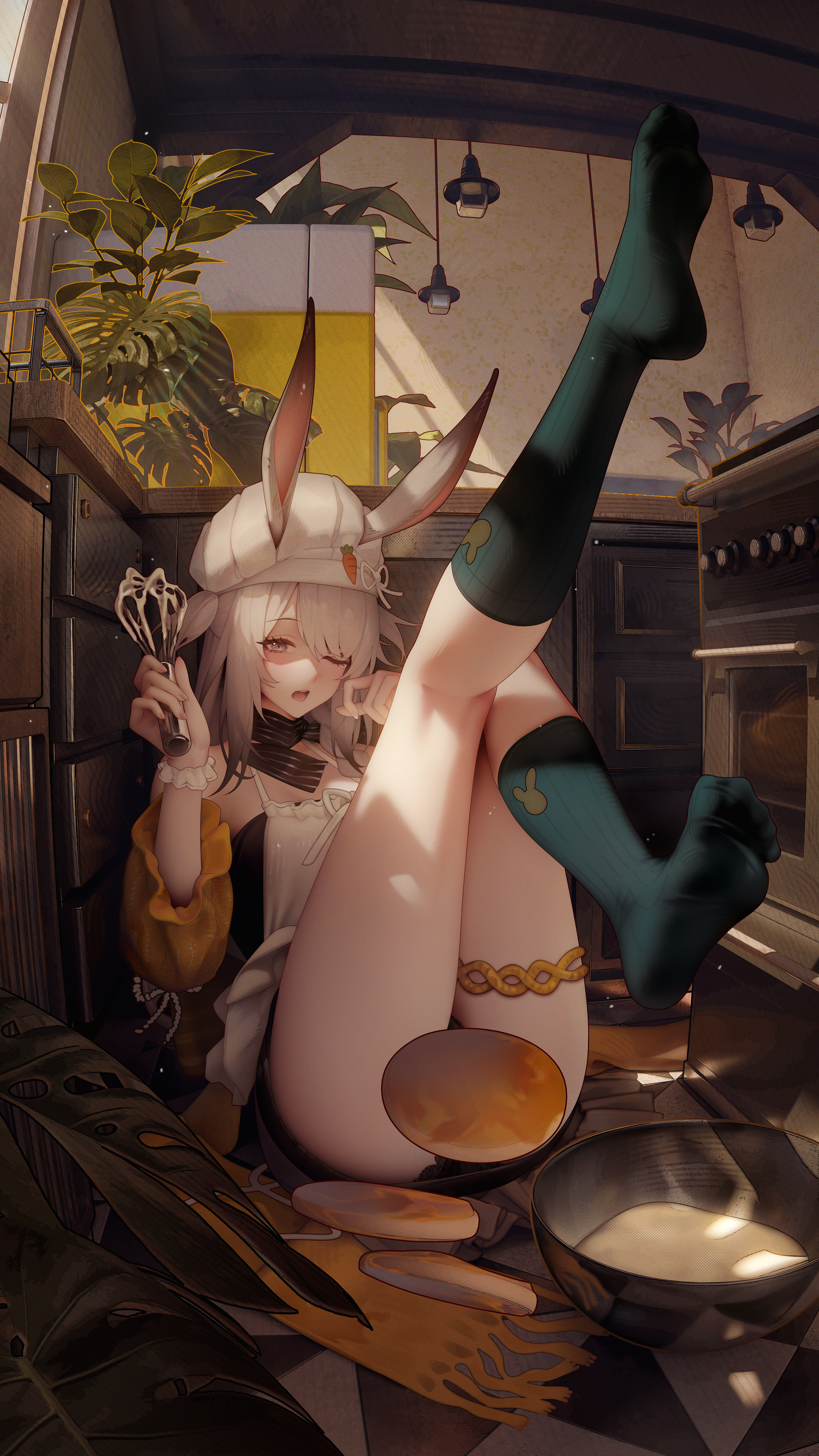 binggong asylum, savage (arknights), savage (secret family recipe) (arknights), arknights, absurdres, highres, revision, 1girl, animal ears, apron, bare shoulders, black dress, black panties, breasts, convenient censoring, dress, ears through headwear, fingernails, food, green socks, grey eyes, grey hair, hat, holding, holding whisk, indoors, jewelry, kitchen, lace, lace-trimmed panties, lace trim, legs up, medium breasts, medium hair, official alternate costume, one eye closed, open mouth, pancake, pancake stack, panties, sitting, socks, solo, thighlet, thighs, underwear, whisk, white hat, yawning