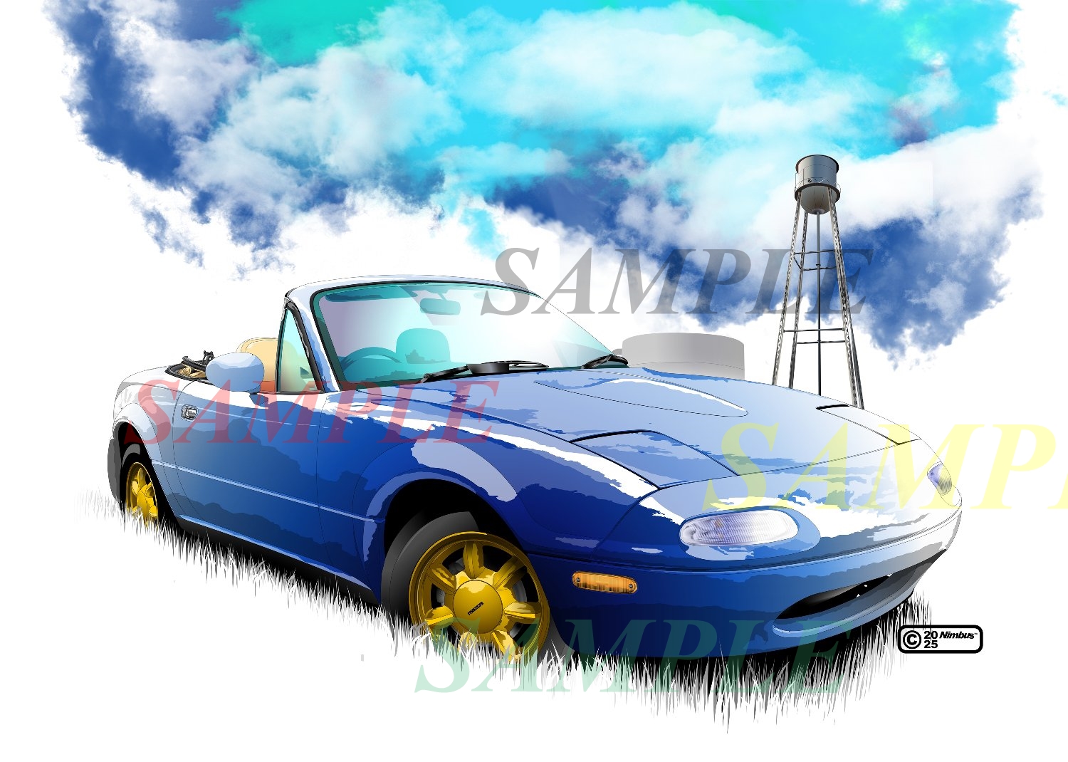 nimbus goldbrum, mazda, original, commentary request, 2025, artist name, blue car, blue sky, car, cloud, cloudy sky, convertible, copyright notice, dated, eunos roadster, grass, mazda mx-5, mazda mx-5 na, motor vehicle, no humans, outdoors, sample watermark, silhouette, sky, sports car, vehicle focus, water tower, watermark