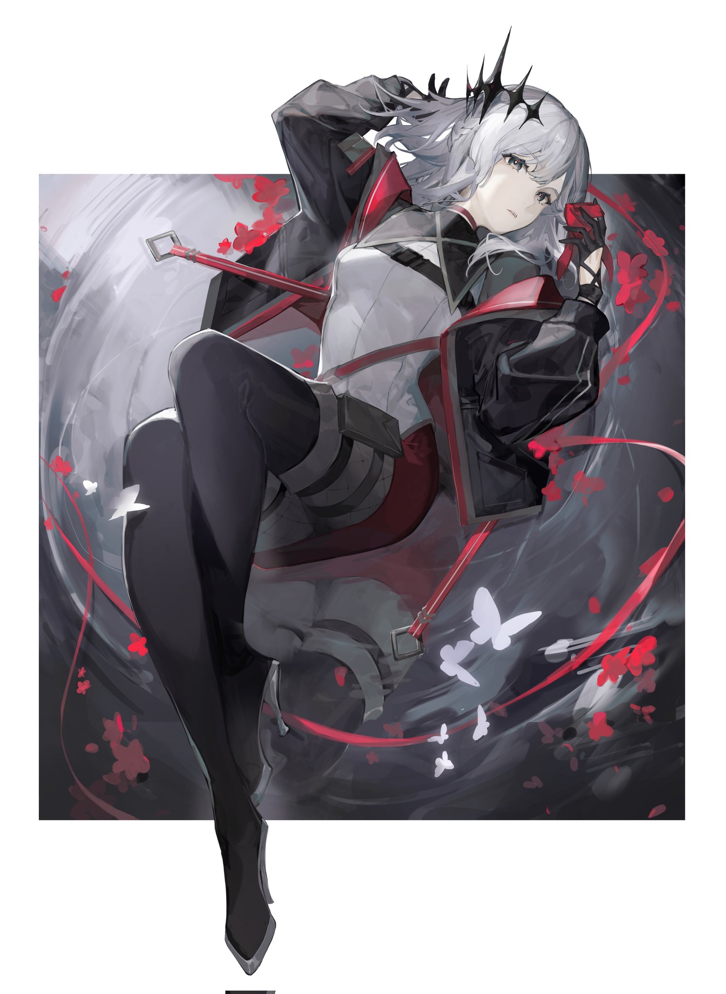 chi4, versen, highres, 1girl, black jacket, black pantyhose, bug, butterfly, grey hair, insect, jacket, lying, on back, pantyhose, reflection, solo