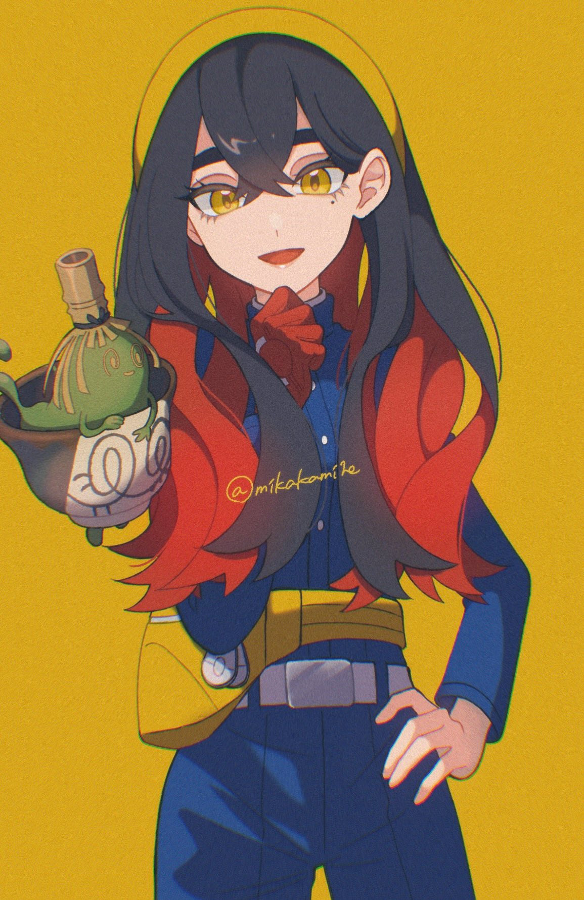 mikakami1e, carmine (pokemon), sinistcha, nintendo, pokemon, pokemon sv, highres, 1girl, black hair, blue gakuran, blue jacket, colored inner hair, crossed bangs, fanny pack, gloves, hair between eyes, hairband, jacket, long hair, long sleeves, looking at viewer, matcha (food), mole, mole under eye, multicolored hair, open mouth, pants, pokemon (creature), red hair, simple background, smile, two-tone hair, yellow background, yellow bag, yellow eyes, yellow hairband