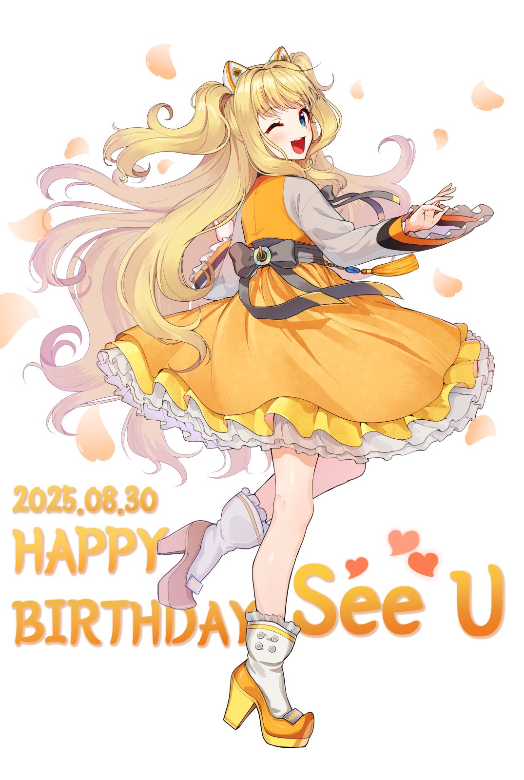 kamille (vcx68), seeu, vocaloid, commentary, english commentary, highres, 1girl, ;d, animal ears, blonde hair, blue eyes, blush, cat ears, character name, dated, dress, fake animal ears, full body, happy birthday, heart, leg up, long hair, long sleeves, one eye closed, open mouth, orange dress, orange shoes, shoes, sidelocks, smile, socks, solo, teeth, tongue, two side up, upper teeth only, very long hair, white background, white socks