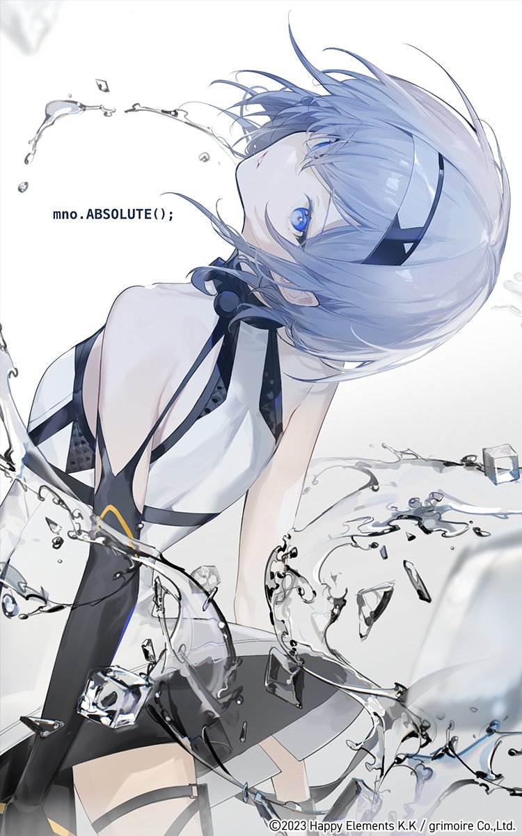 chi4, reverseblue x re-birthend, highres, 1girl, blue eyes, blue hair, from behind, ice, ice cube, simple background, solo, water, white background