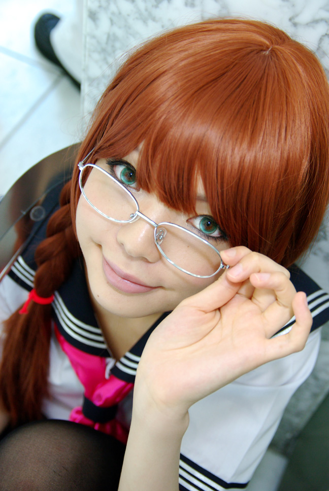 namada, arisugawa shii, the art of yamashita shunya, black legwear, photo (medium), 1girl, aqua eyes, arisugawa shii (cosplay), asian, blue eyes, blurry, braid, brown hair, color contacts, cosplay, crop top, depth of field, dutch angle, female focus, glasses, green eyes, lensless glasses, long hair, looking at viewer, looking over eyewear, midriff, on floor, sailor, school uniform, serafuku, short sleeves, sitting, solo, sword, twin braids, weapon