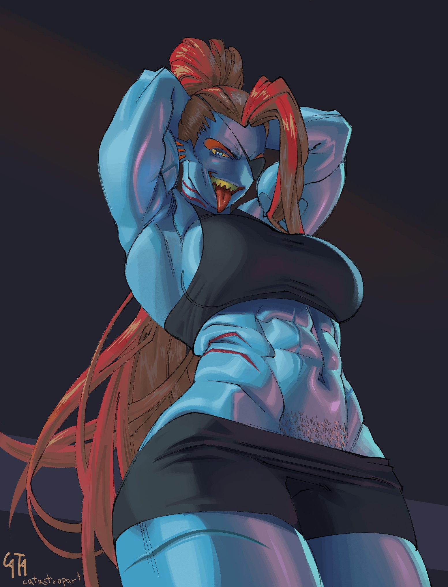 catastropart, undyne, undertale, utdr (toby fox), highres, 1girl, abs, artist name, black shorts, black sports bra, blue eyes, blue skin, breasts, colored skin, colored teeth, eyepatch, grey background, large breasts, long hair, looking at viewer, monster girl, muscular, muscular female, navel, open mouth, pubic hair, pubic stubble, red hair, scar, scar on leg, scar on stomach, short shorts, shorts, simple background, solo, sports bra, teeth, tongue, tongue out, upper teeth only, yellow teeth