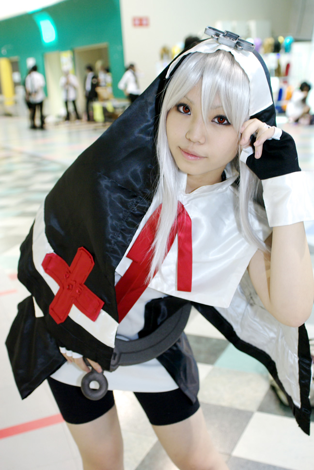 uriu, bridget (guilty gear), arc system works, guilty gear, habit, photo (medium), 1girl, bike shorts, bridget (guilty gear) (cosplay), cosplay, solo focus