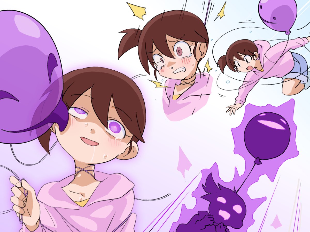 hitsugi mc, original, 1girl, animate object, balloon, blue shorts, blush, brown eyes, clenched teeth, dashed eyes, drooling, glowing, hair between eyes, hood, hood down, hoodie, licking, licking another's face, mind control, open mouth, pink hoodie, purple eyes, rolling eyes, shorts, side ponytail, simple background, string around neck, sweat, tearing up, teeth, white background