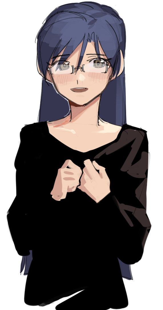 roivas, kisaragi chihaya, idolmaster, idolmaster (classic), 1girl, bespectacled, black shirt, blue hair, blush, brown eyes, cropped torso, glasses, hands up, long hair, long sleeves, looking at viewer, open mouth, shirt, simple background, smile, solo, upper body, white background
