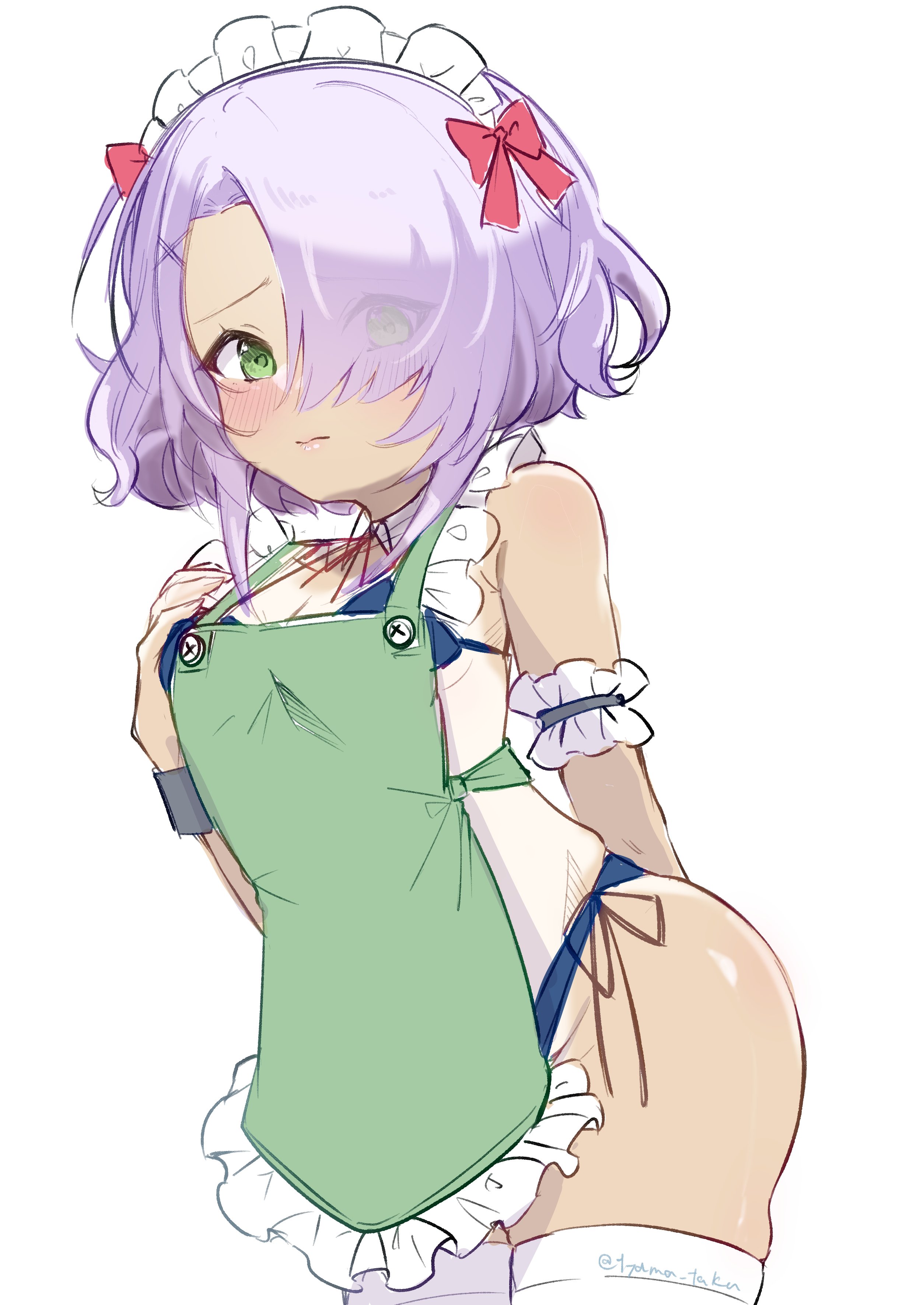 tyama taka, hiuchidani mei, cafe stella to shinigami no chou, absurdres, commentary, highres, 1girl, alternate costume, apron, arm behind back, ass, bikini, black wrist cuffs, blue bikini, blush, bow, breasts, cleavage, closed mouth, cowboy shot, dark-skinned female, dark skin, embarrassed, enmaided, eyes visible through hair, frilled apron, frilled arm strap, frills, frown, furrowed brow, green apron, green eyes, green pupils, hair bow, hair over one eye, hand up, long bangs, looking at viewer, maid, maid bikini, maid headdress, purple hair, red bow, short hair with long locks, simple background, sketch, skindentation, small breasts, solo, swimsuit, tan, tanline, thighhighs, twitter username, unconventional maid, white background, white thighhighs, wrist cuffs