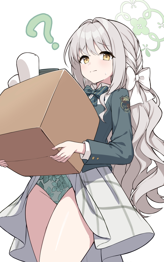 dvleo, miyo (blue archive), blue archive, 1girl, bow, bowtie, braid, choppy bangs, diagonal-striped bow, diagonal-striped clothes, green bow, green bowtie, green halo, green panties, green vest, grey hair, hair ribbon, halo, holding, long hair, long sleeves, panties, pleated skirt, ribbon, ribbon braid, school uniform, shirt, skirt, solo, striped bow, striped bowtie, striped clothes, underwear, vest, white background, white bow, white shirt, white skirt, wild hunt academy of arts logo, yellow eyes